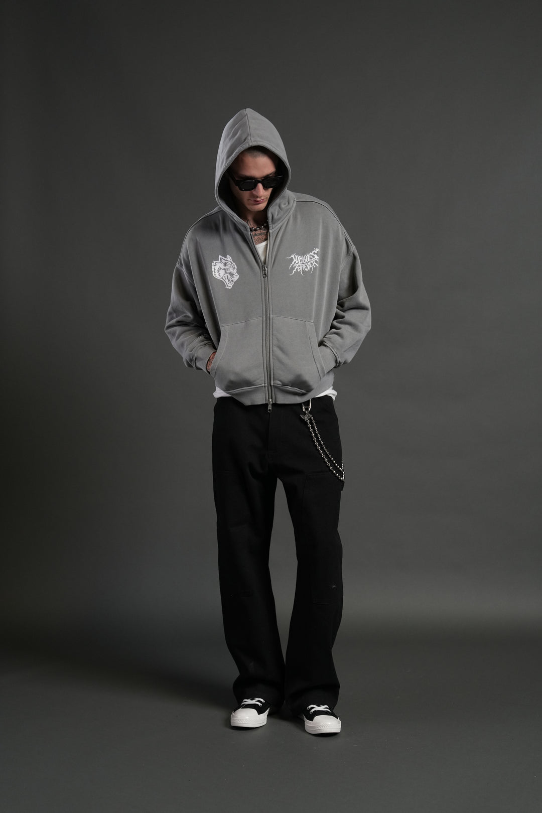 Stand-Off Vex Double Zip Hoodie in Dove Gray