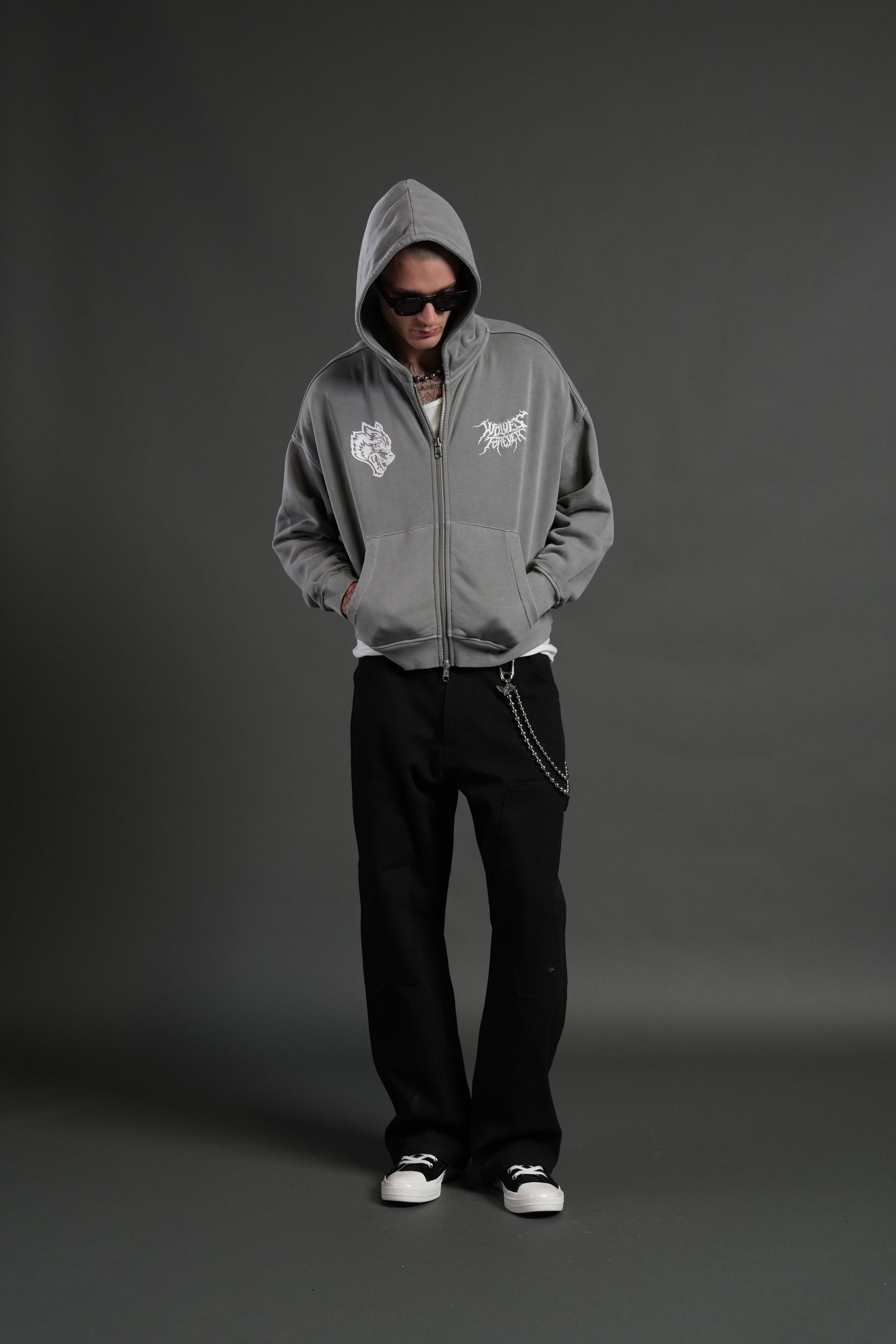 Stand-Off Vex Double Zip Hoodie in Dove Gray