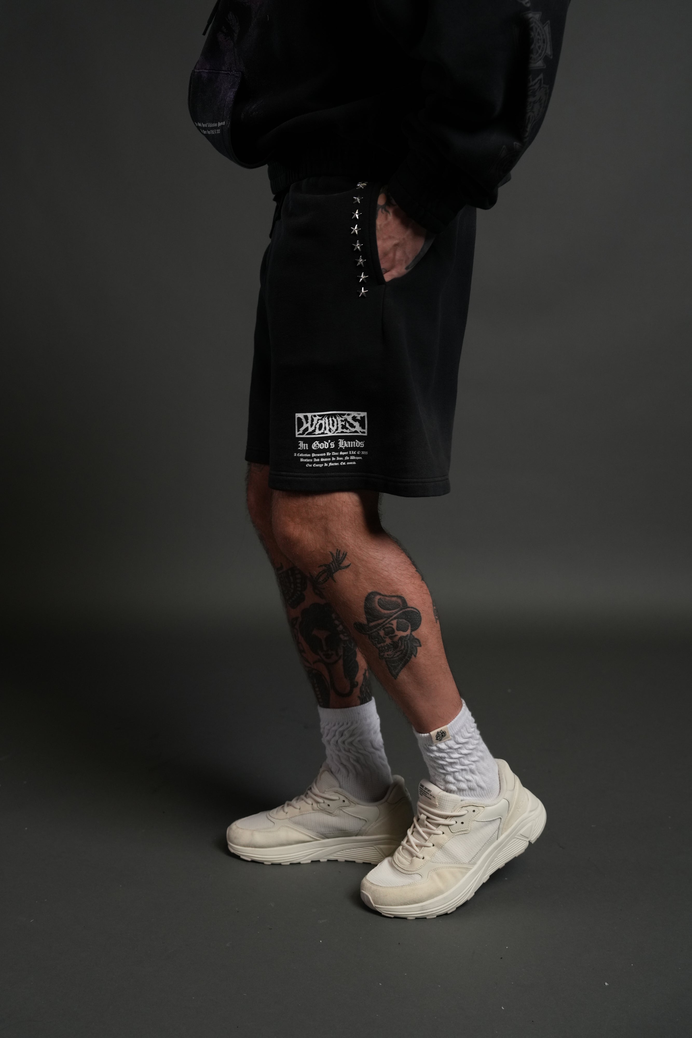 Studded Midnight Wolves Oversized Post Lounge Sweat Shorts in Black Drift Wash