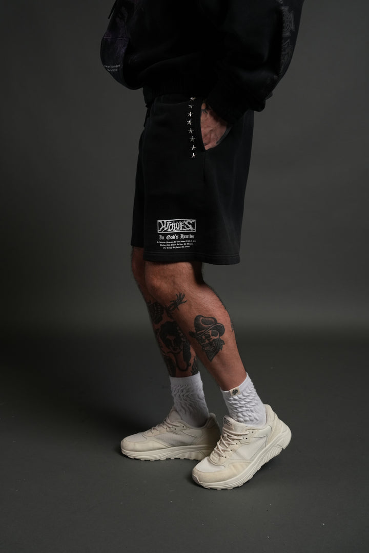 Studded Midnight Wolves Oversized Post Lounge Sweat Shorts in Black Drift Wash
