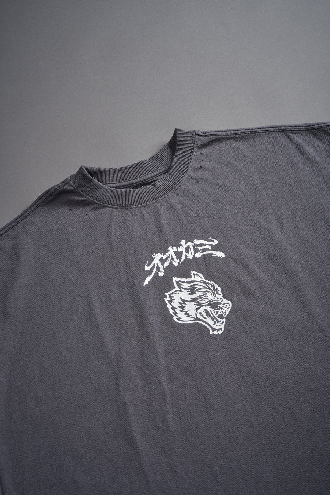 Our Code Distressed Grunge Cut Off Mid Length Raw Hem Tee in Slate Gray