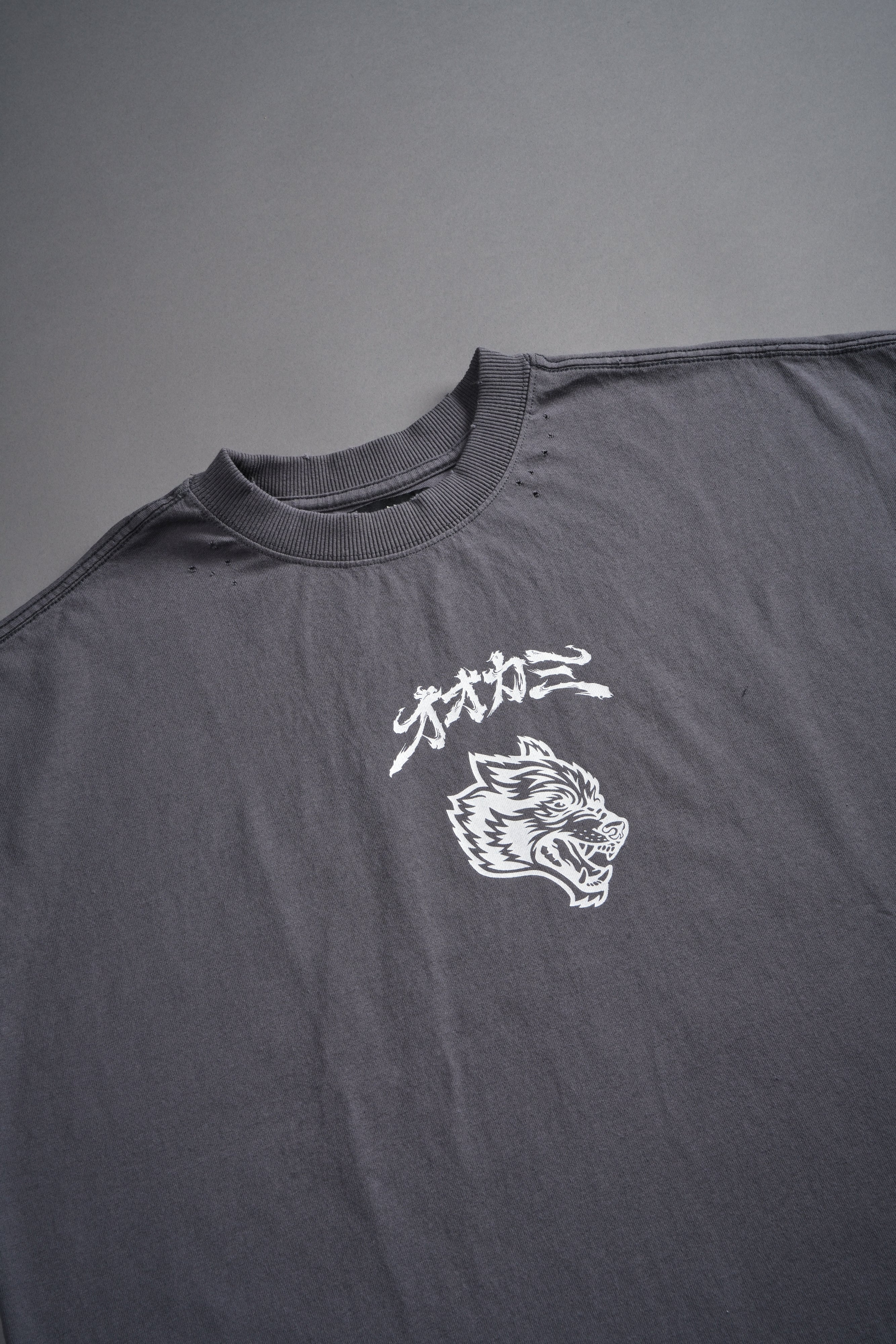 Our Code Distressed Grunge Cut Off Mid Length Raw Hem Tee in Slate Gray