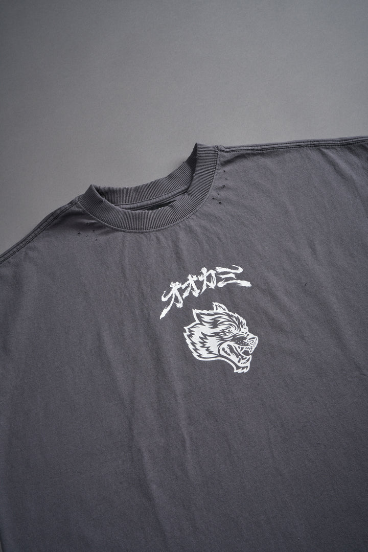 Our Code Distressed Grunge Cut Off Mid Length Raw Hem Tee in Slate Gray