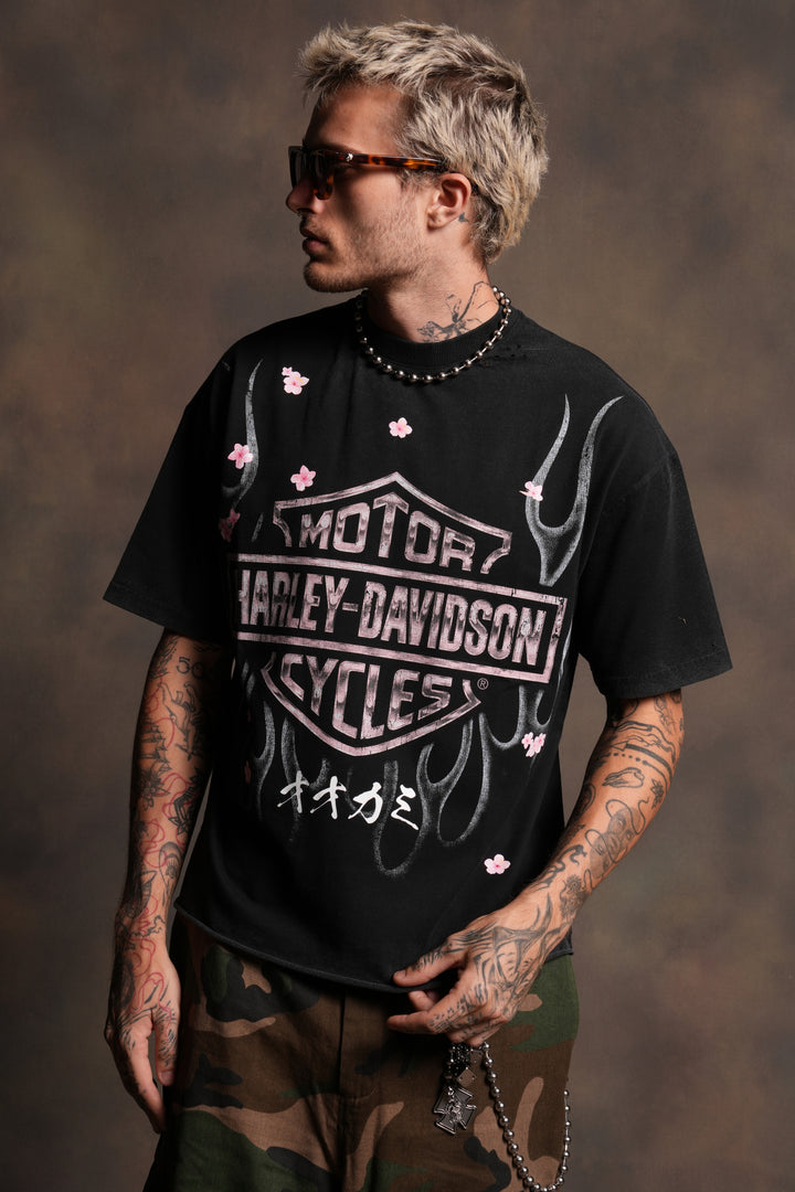 Darc Blossom Distressed Grunge Mid Length Raw Hem Tee in Washed Black