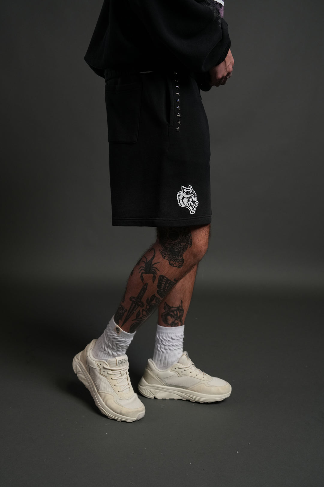Studded Midnight Wolves Oversized Post Lounge Sweat Shorts in Black Drift Wash