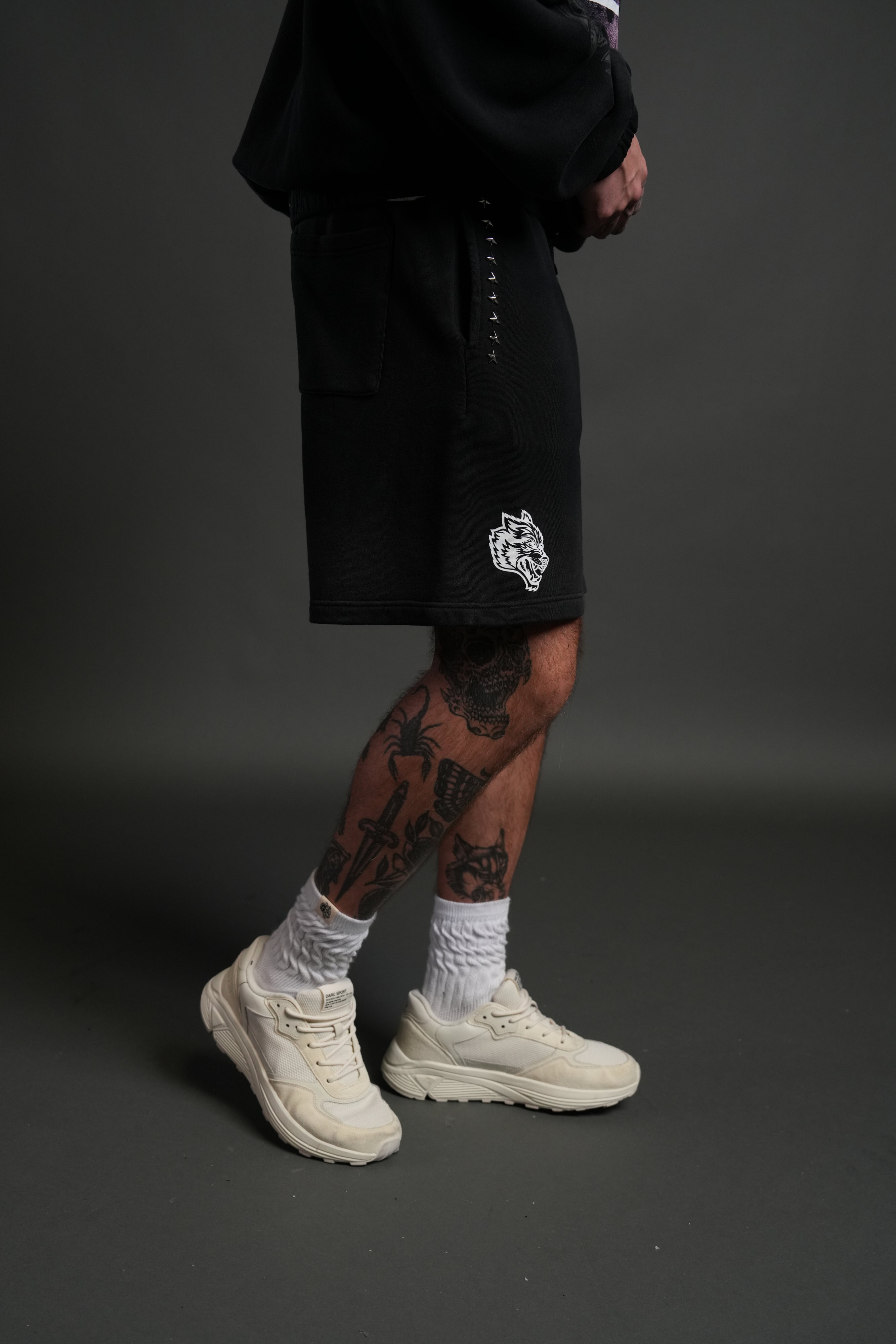 Studded Midnight Wolves Oversized Post Lounge Sweat Shorts in Black Drift Wash