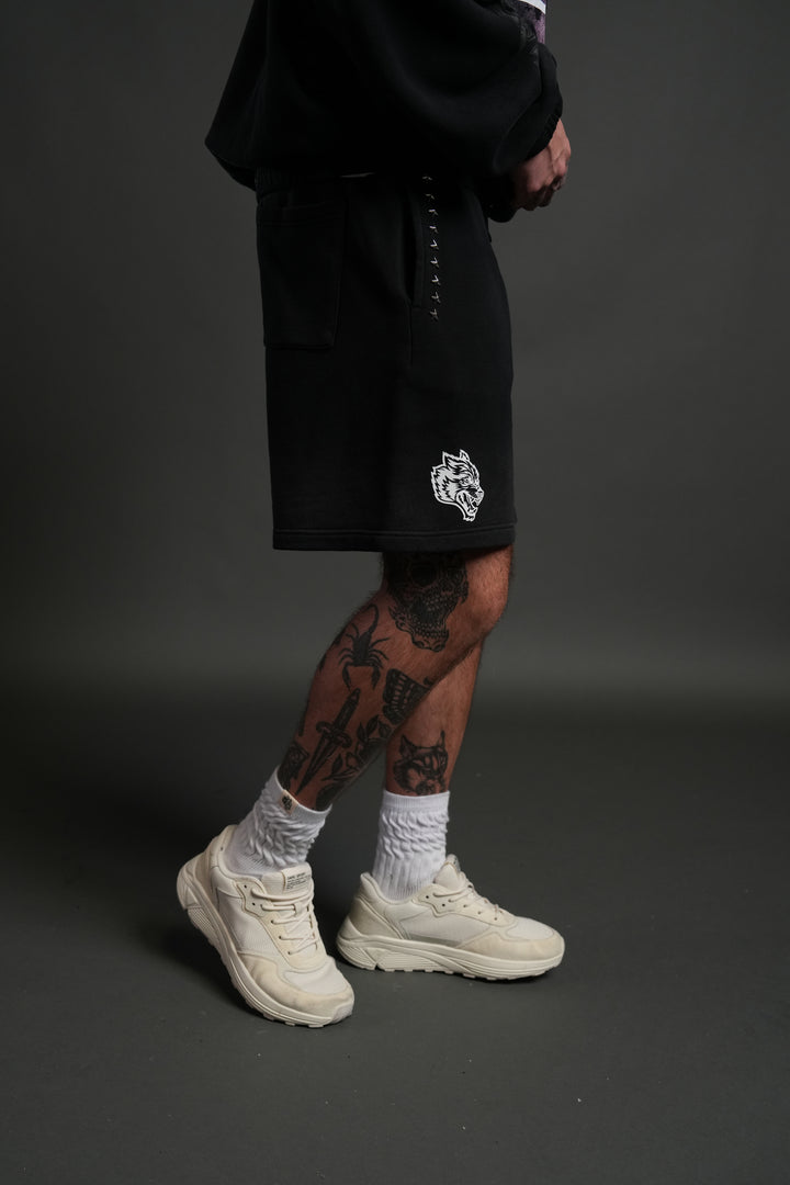 Studded Midnight Wolves Oversized Post Lounge Sweat Shorts in Black Drift Wash