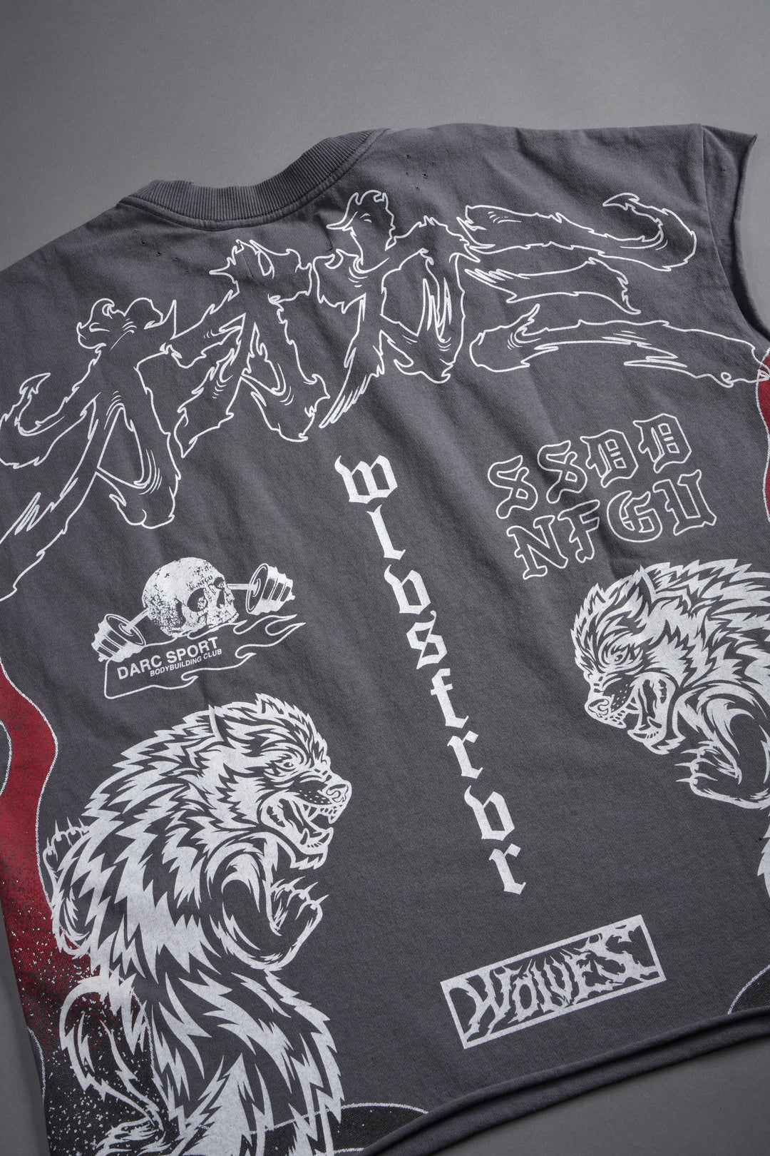 Our Code Distressed Grunge Cut Off Mid Length Raw Hem Tee in Slate Gray