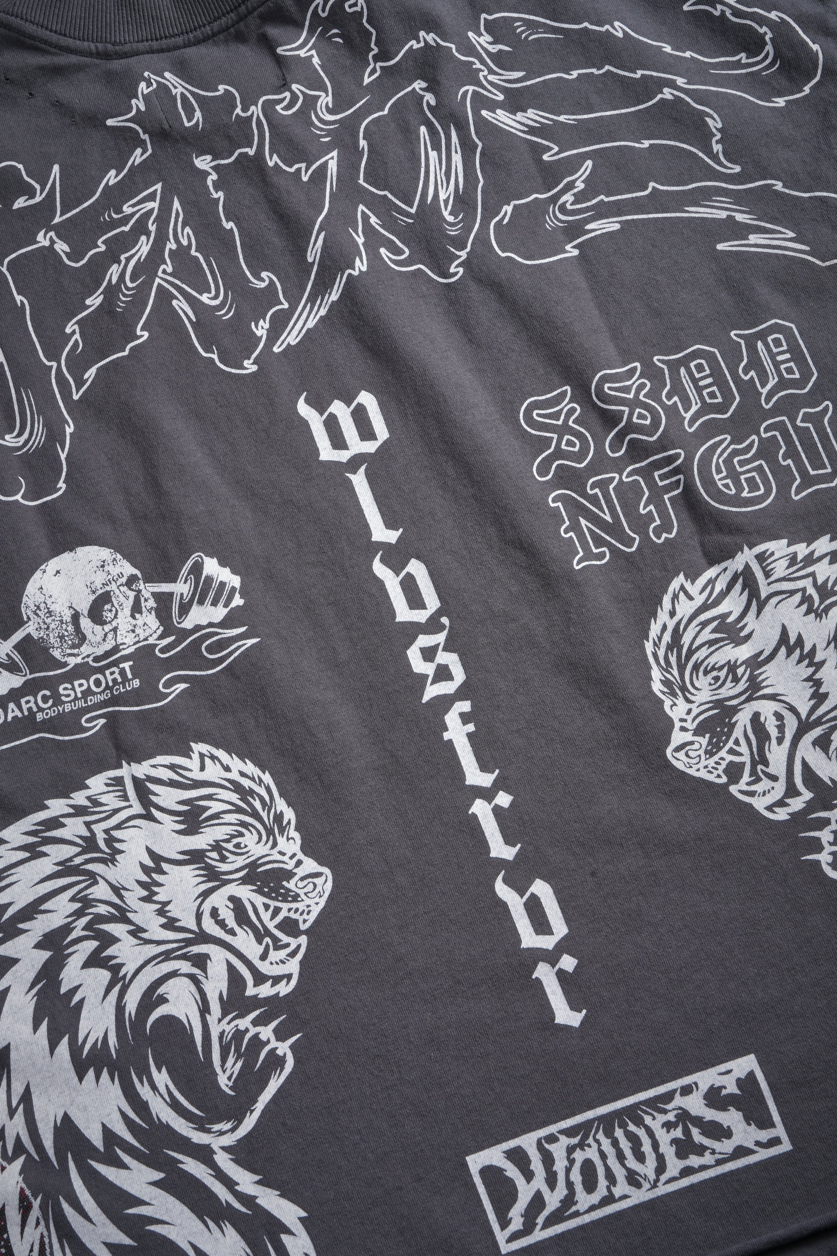 Our Code Distressed Grunge Cut Off Mid Length Raw Hem Tee in Slate Gray