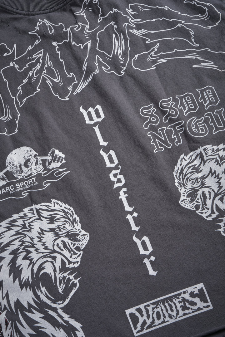 Our Code Distressed Grunge Cut Off Mid Length Raw Hem Tee in Slate Gray