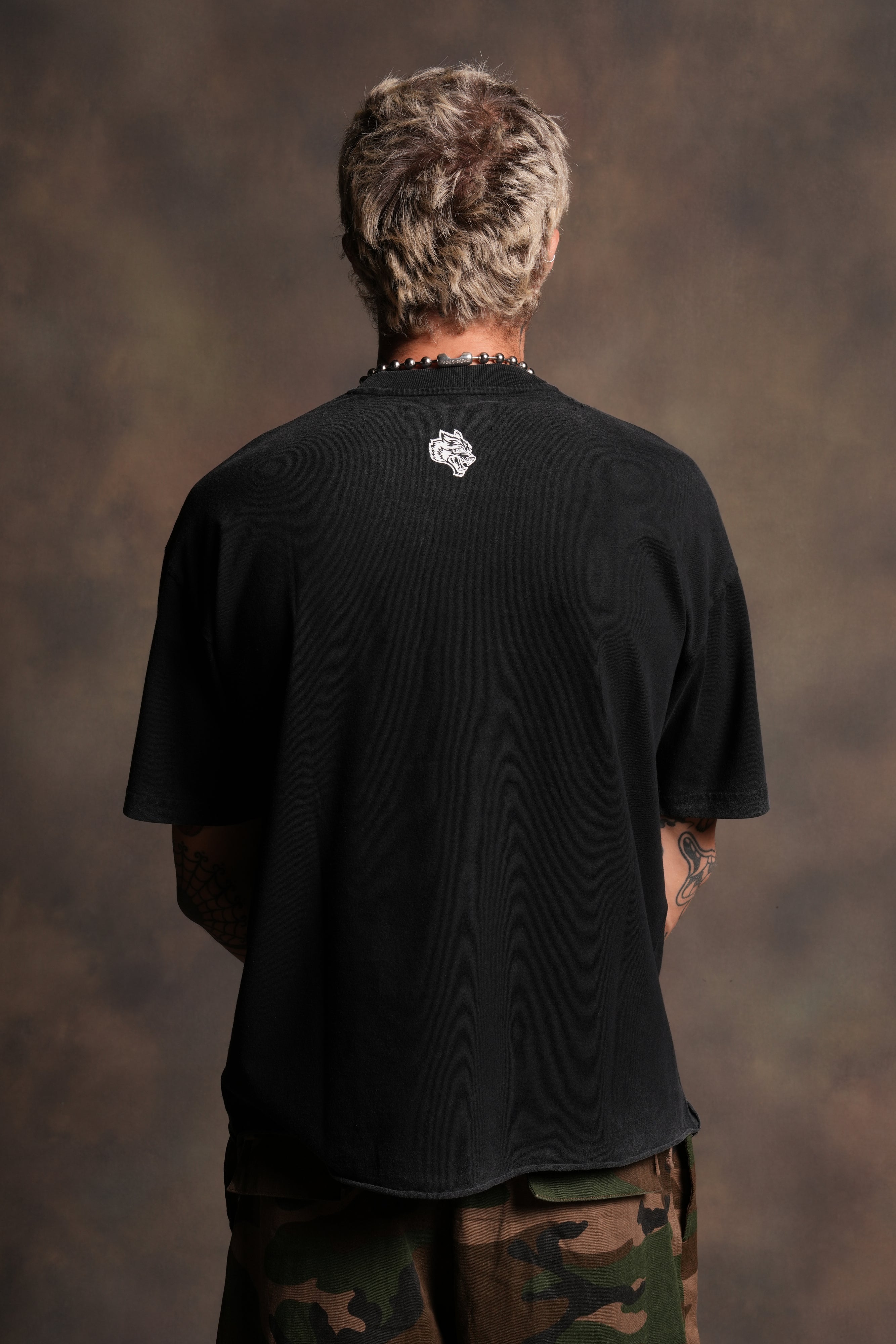 Darc Blossom Distressed Grunge Mid Length Raw Hem Tee in Washed Black