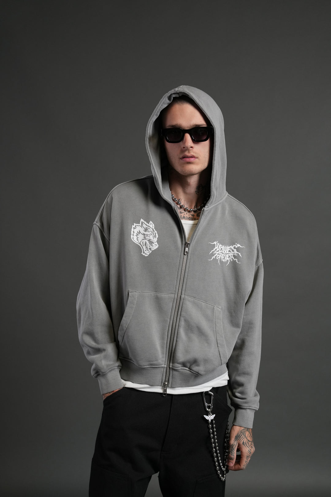 Stand-Off Vex Double Zip Hoodie in Dove Gray