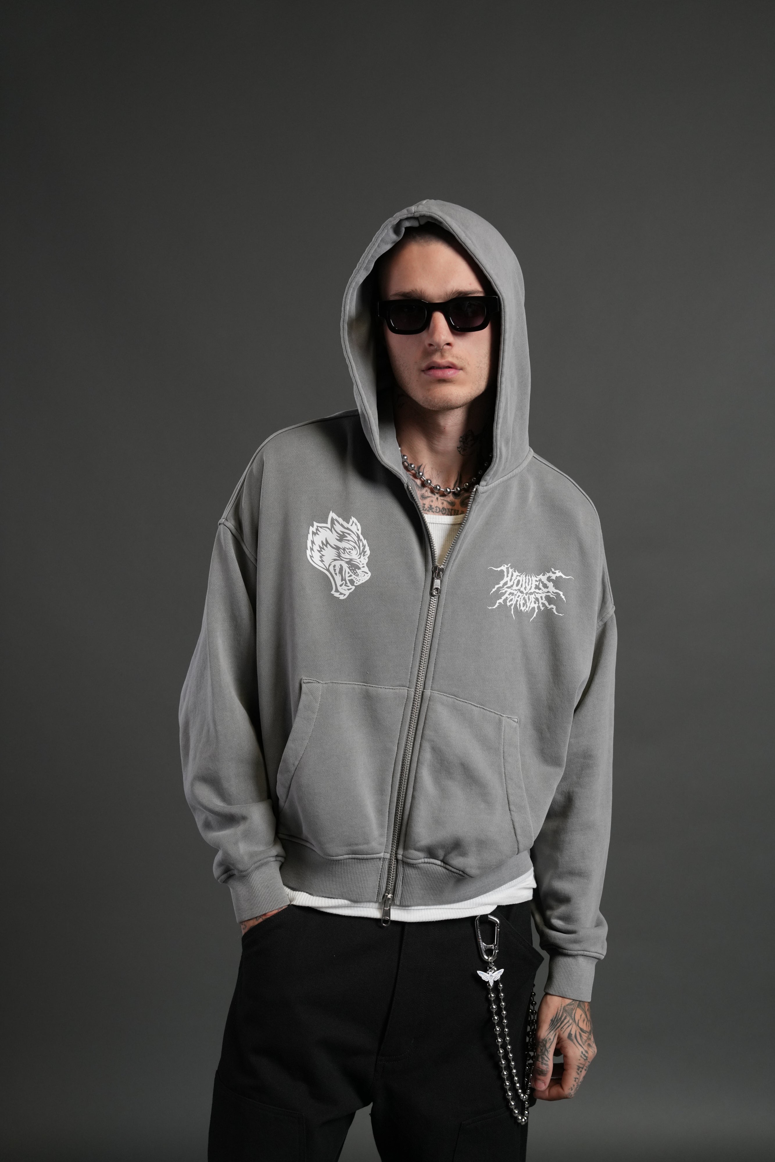 Stand-Off Vex Double Zip Hoodie in Dove Gray