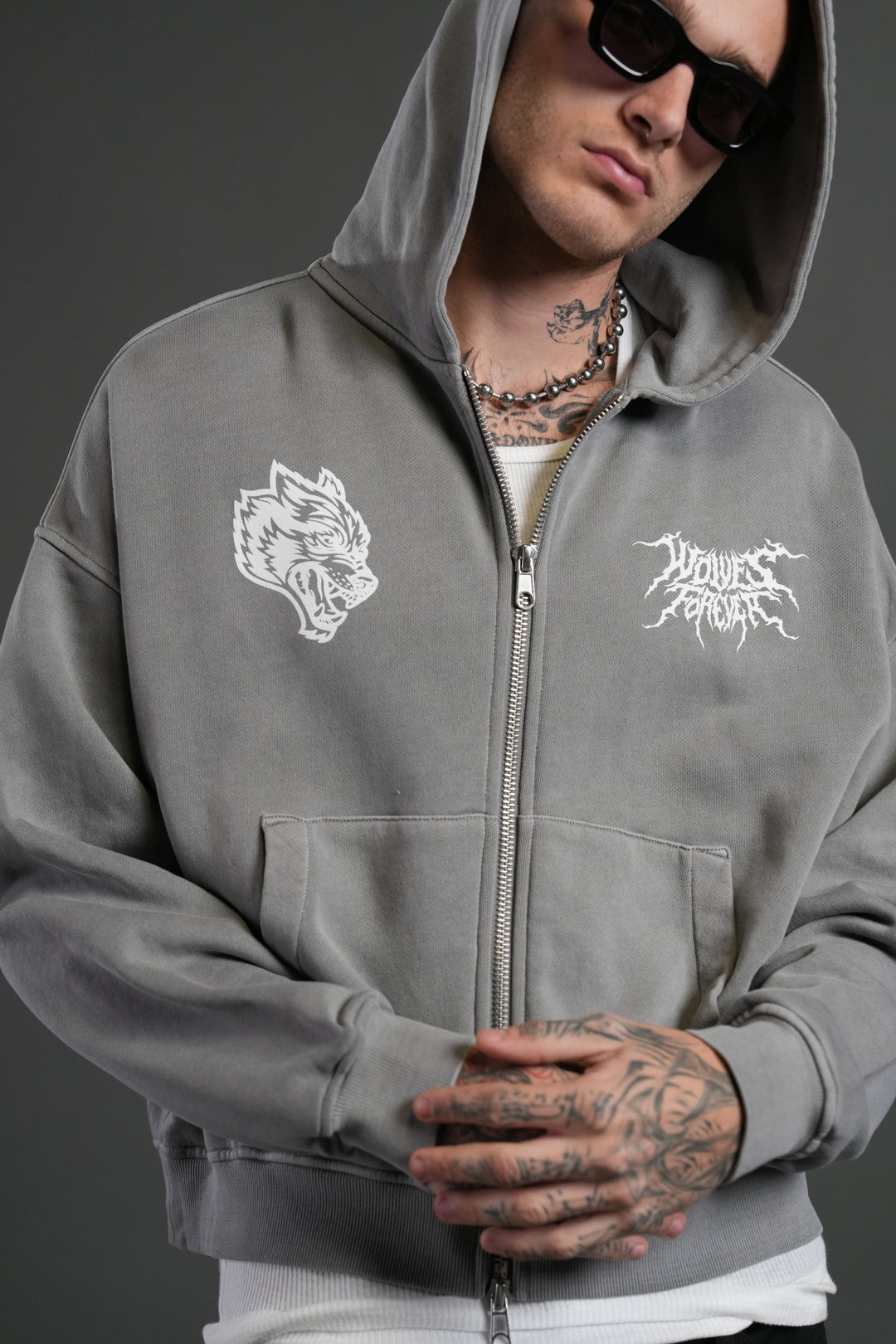 Stand-Off Vex Double Zip Hoodie in Dove Gray