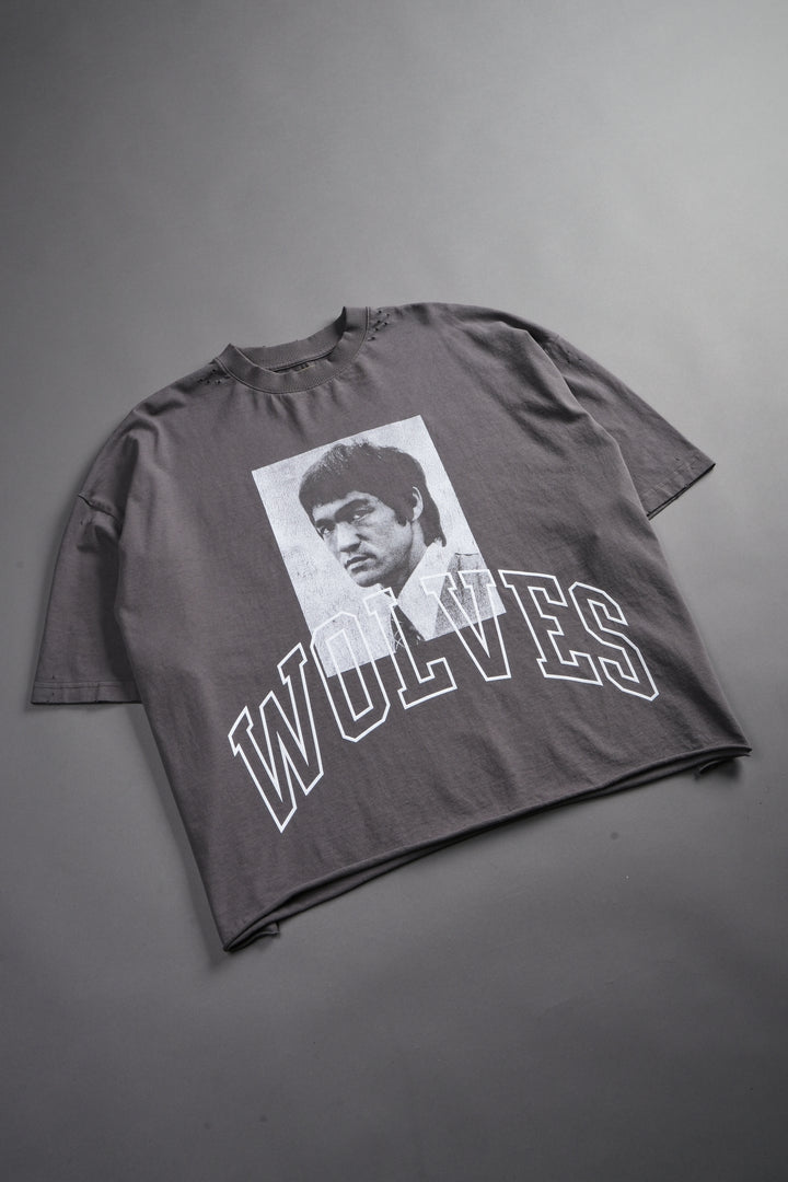 Bruce Lee Forever Distressed Grunge Box Cut Tee V2 in Slate Gray
