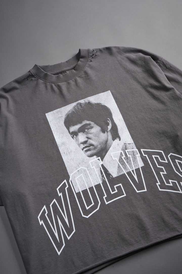 Bruce Lee Forever Distressed Grunge Box Cut Tee V2 in Slate Gray