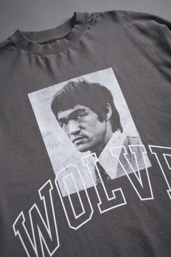 Bruce Lee Forever Distressed Grunge Box Cut Tee V2 in Slate Gray