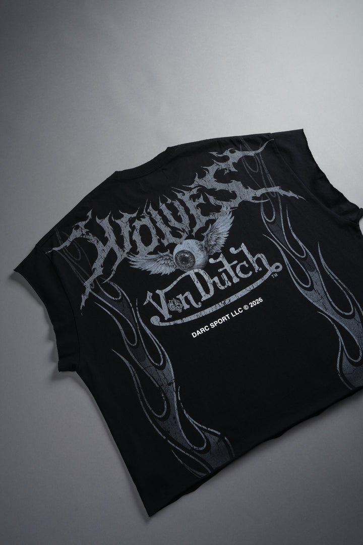 Take-Off Grunge Cut-Off Mid-Length Raw Hem Tee in Black