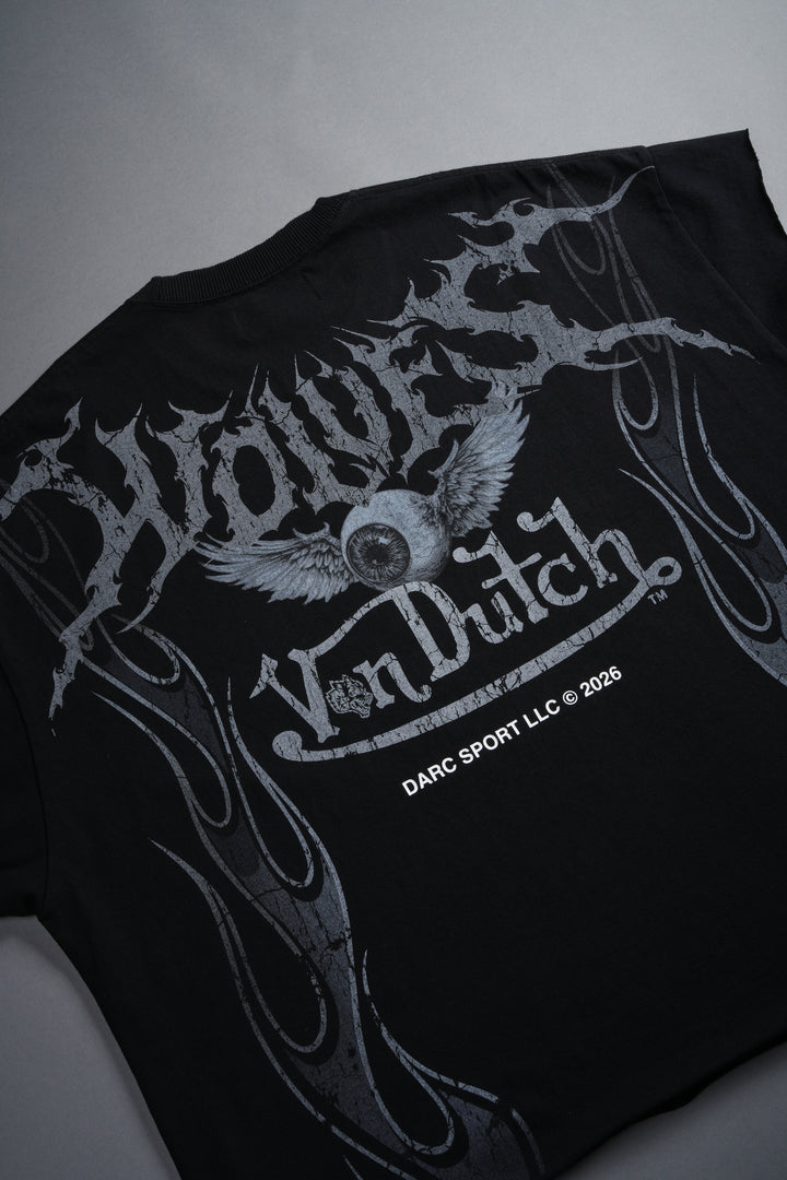Take-Off Grunge Cut-Off Mid-Length Raw Hem Tee in Black