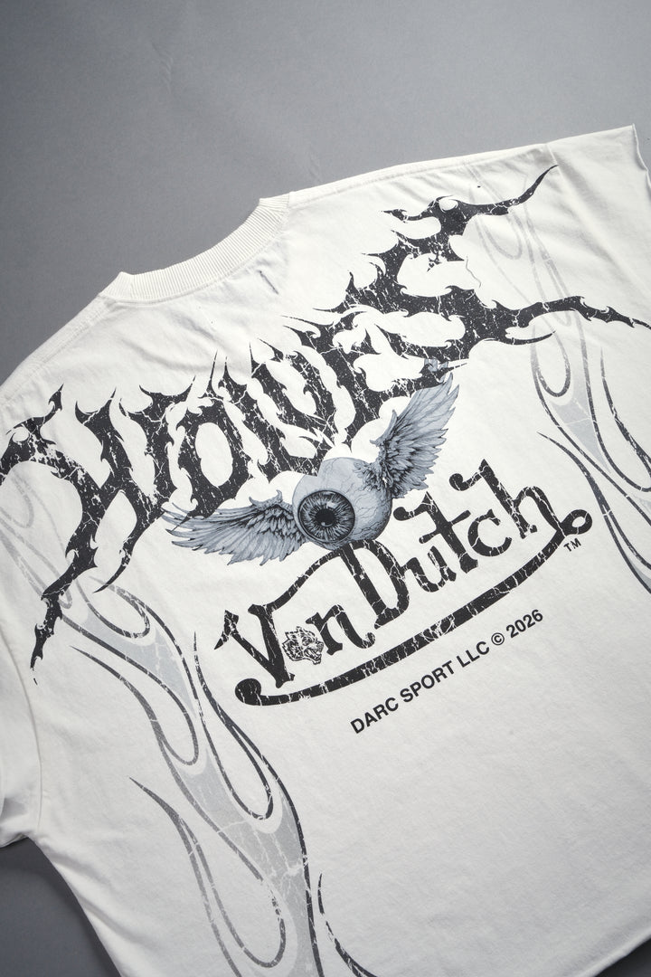 Take-Off Grunge Cut-Off Mid-Length Raw Hem Tee in Cream