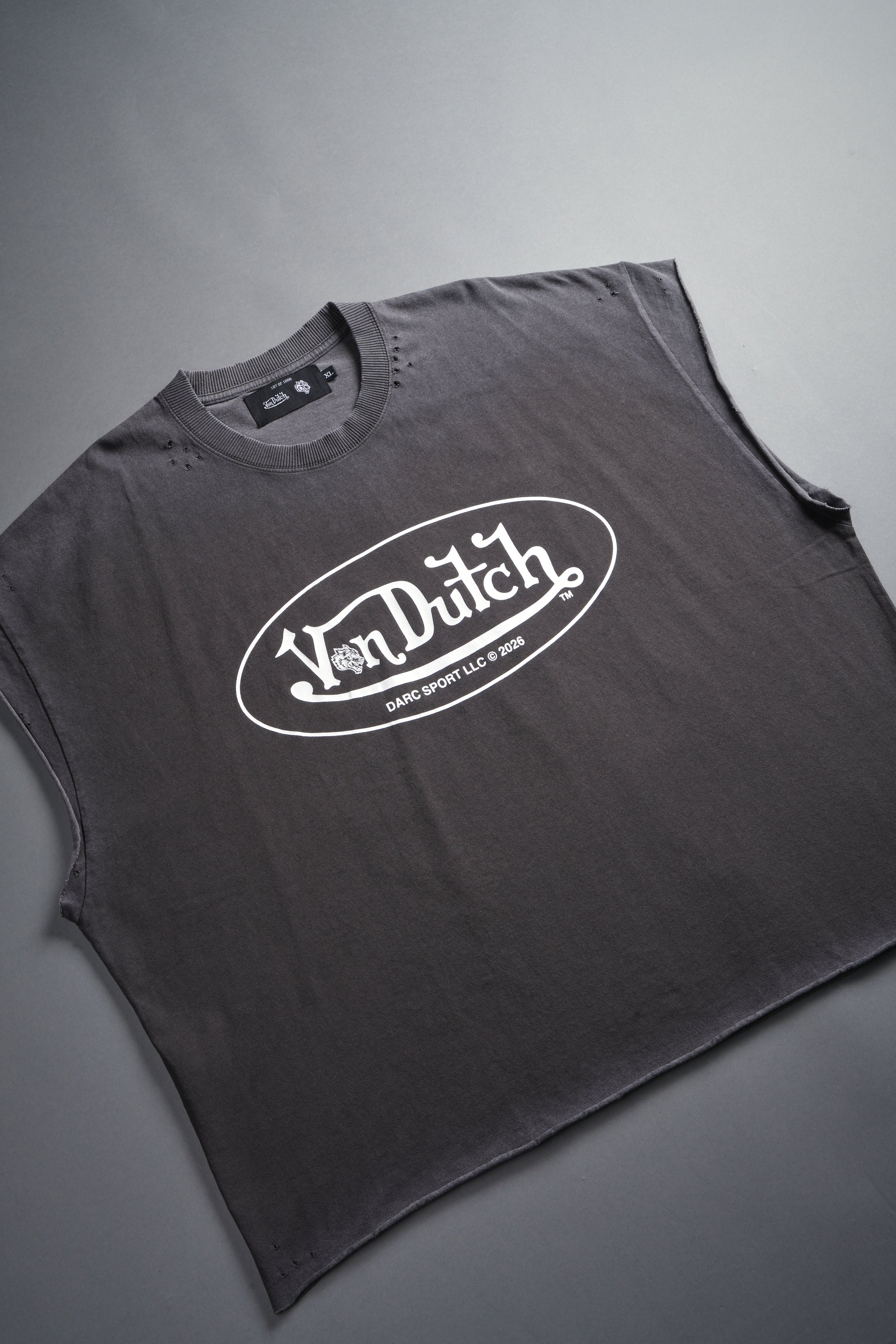 DSVD Legacy Distressed Grunge Cut-Off Mid-Length Raw Hem Tee in Wolf Gray