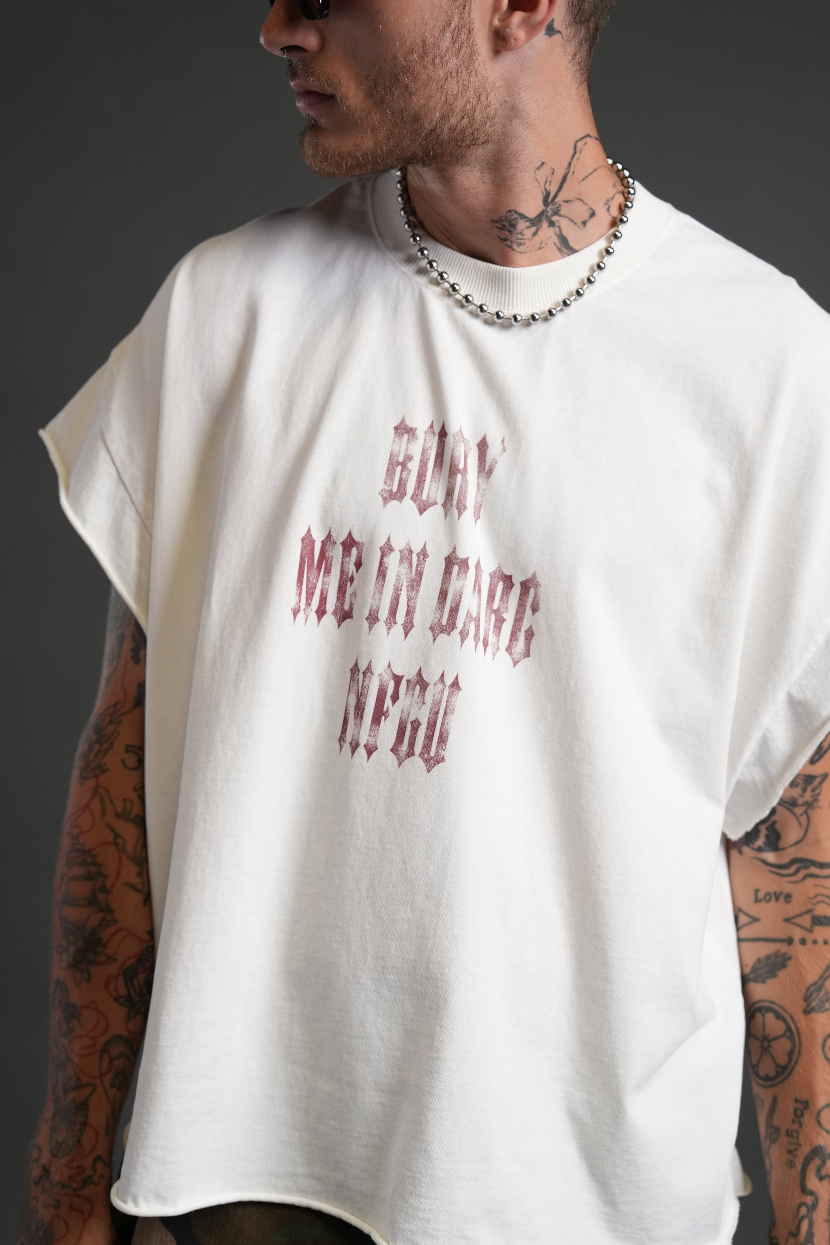 Bury Me in Darc Forever Grunge Cut-Off Tee in Cream