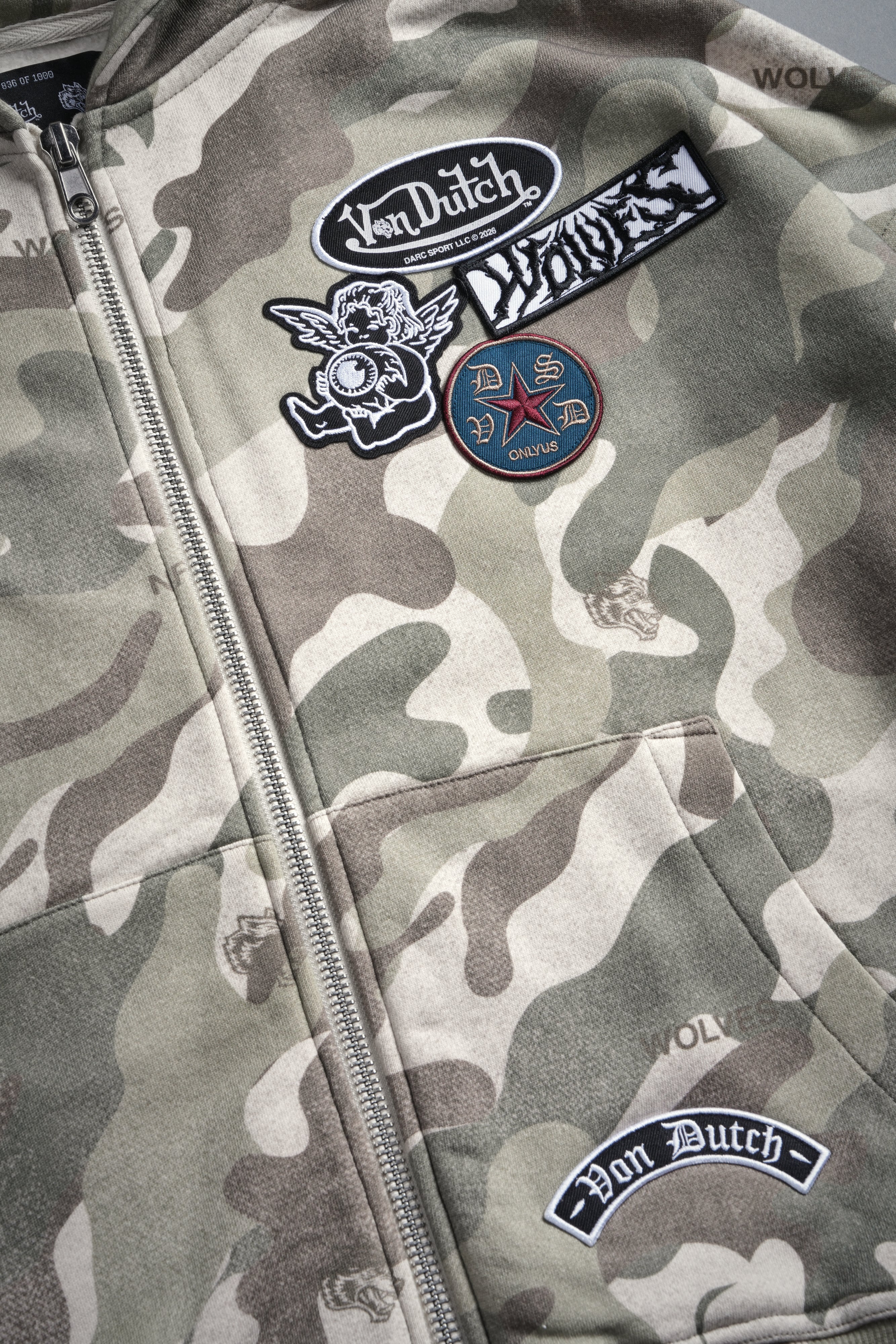 Darc Kulture Vex Double Zip Hoodie in DSVD Green Camo