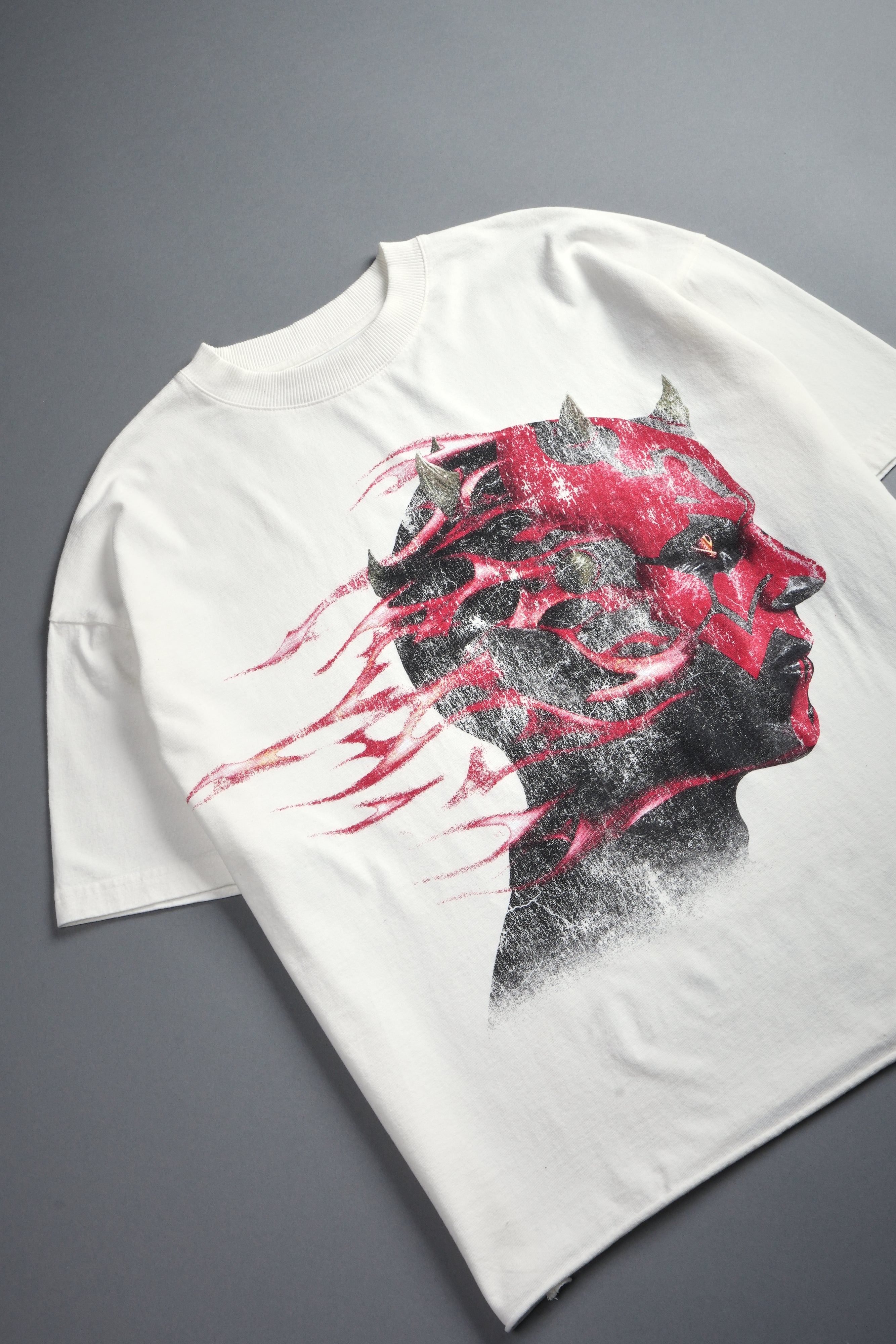 Sith Inferno Grunge Mid Length Raw Hem Tee in Cream