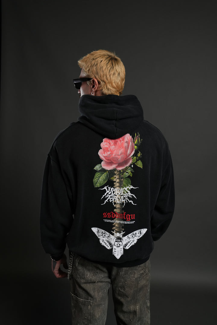 Mori Rose "Pierce" Hoodie in Black Drift Wash