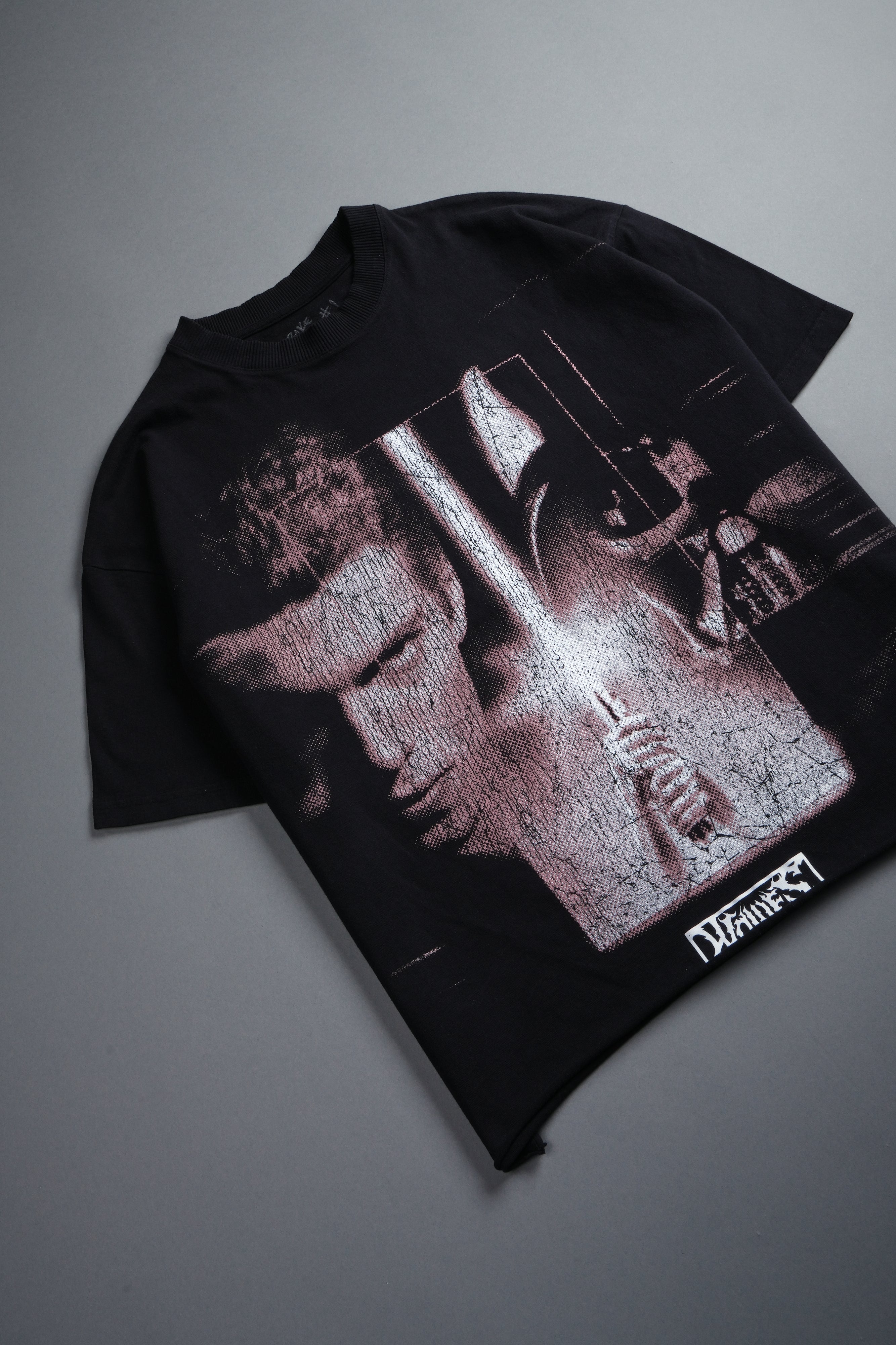 Awakened Power Grunge Mid Length Raw Hem Tee in Black