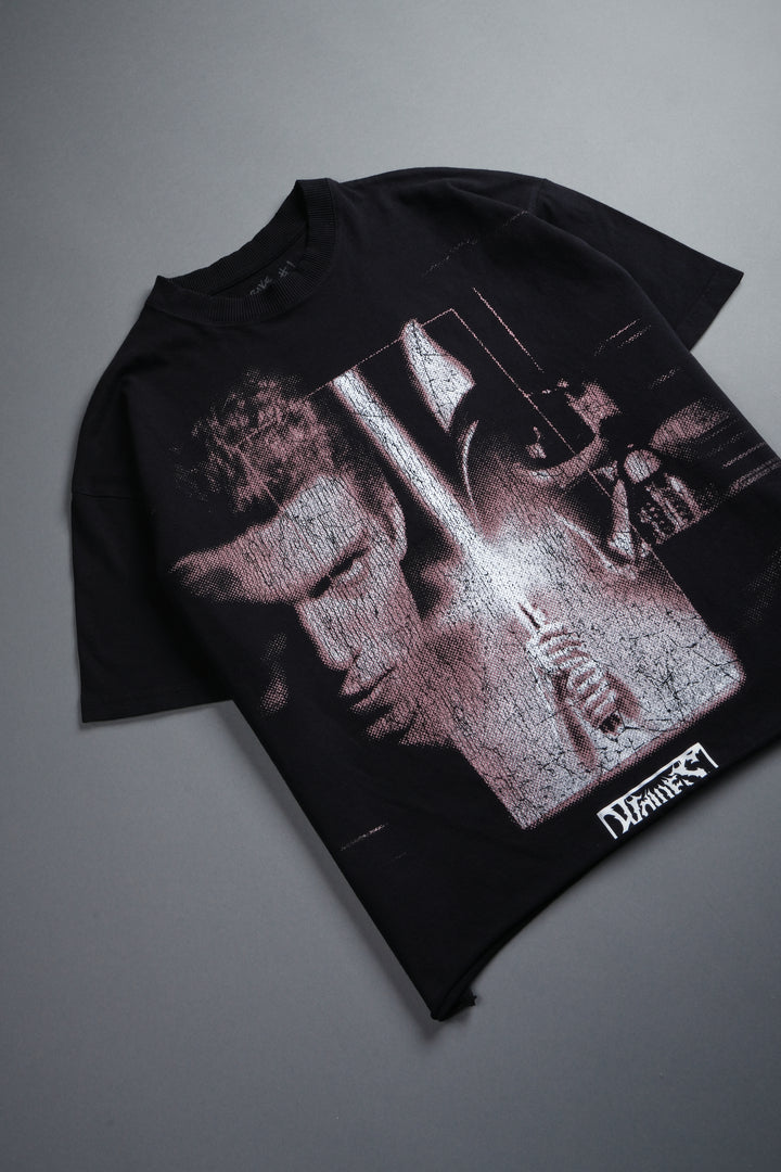 Awakened Power Grunge Mid Length Raw Hem Tee in Black