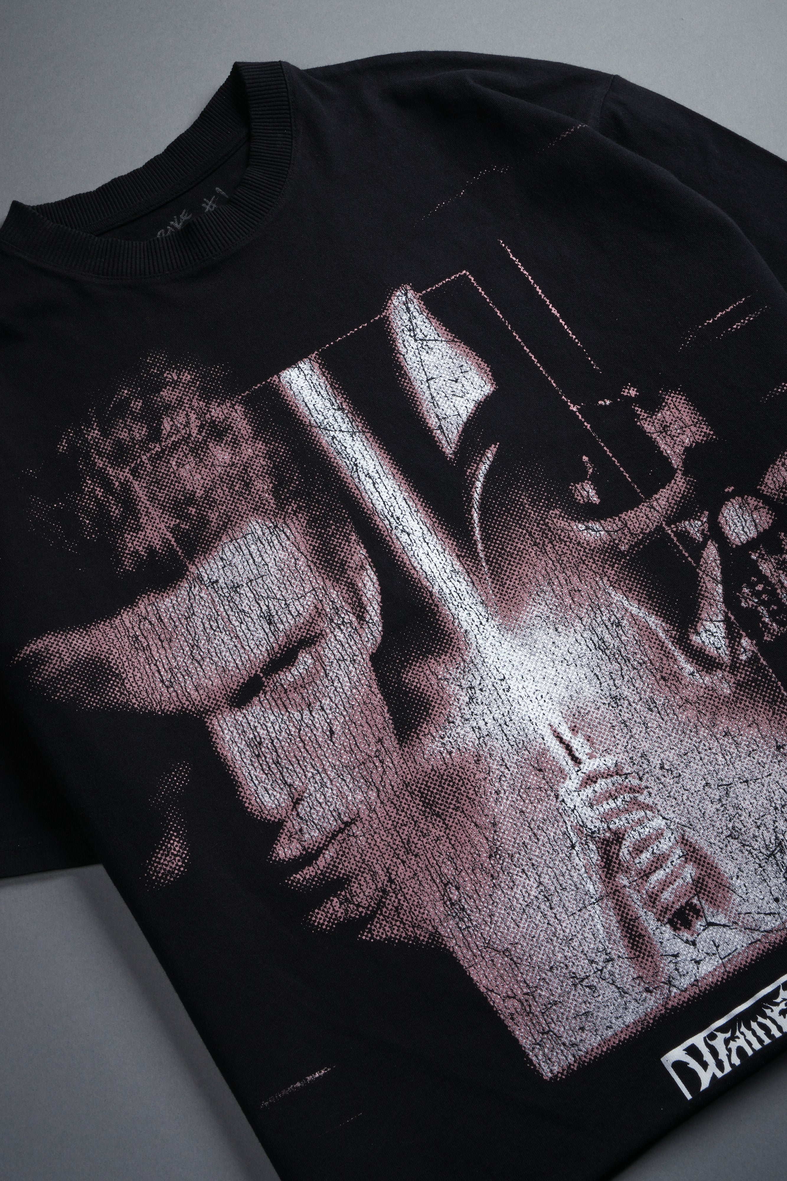 Awakened Power Grunge Mid Length Raw Hem Tee in Black