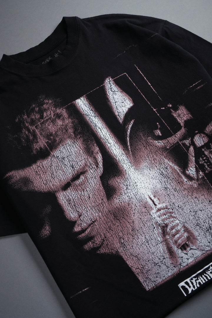 Awakened Power Grunge Mid Length Raw Hem Tee in Black