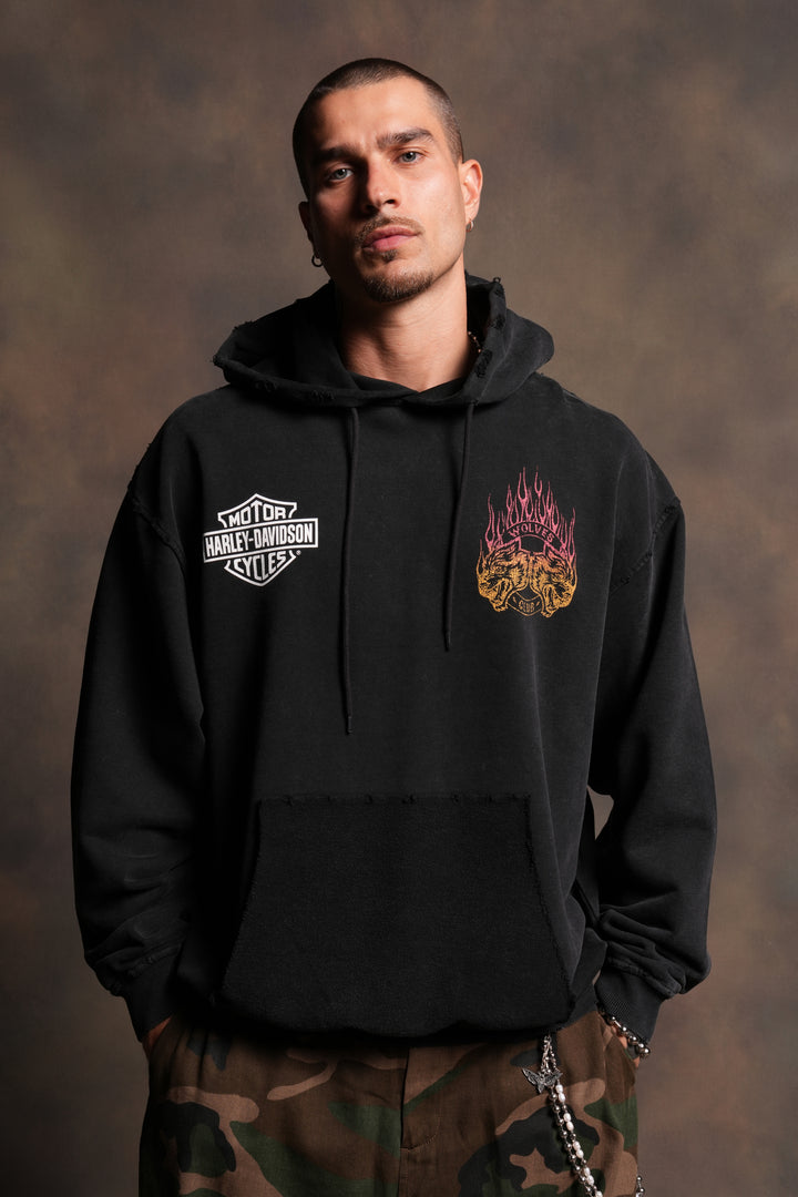 Rising Sun Grunge Moatis Hoodie in Washed Black