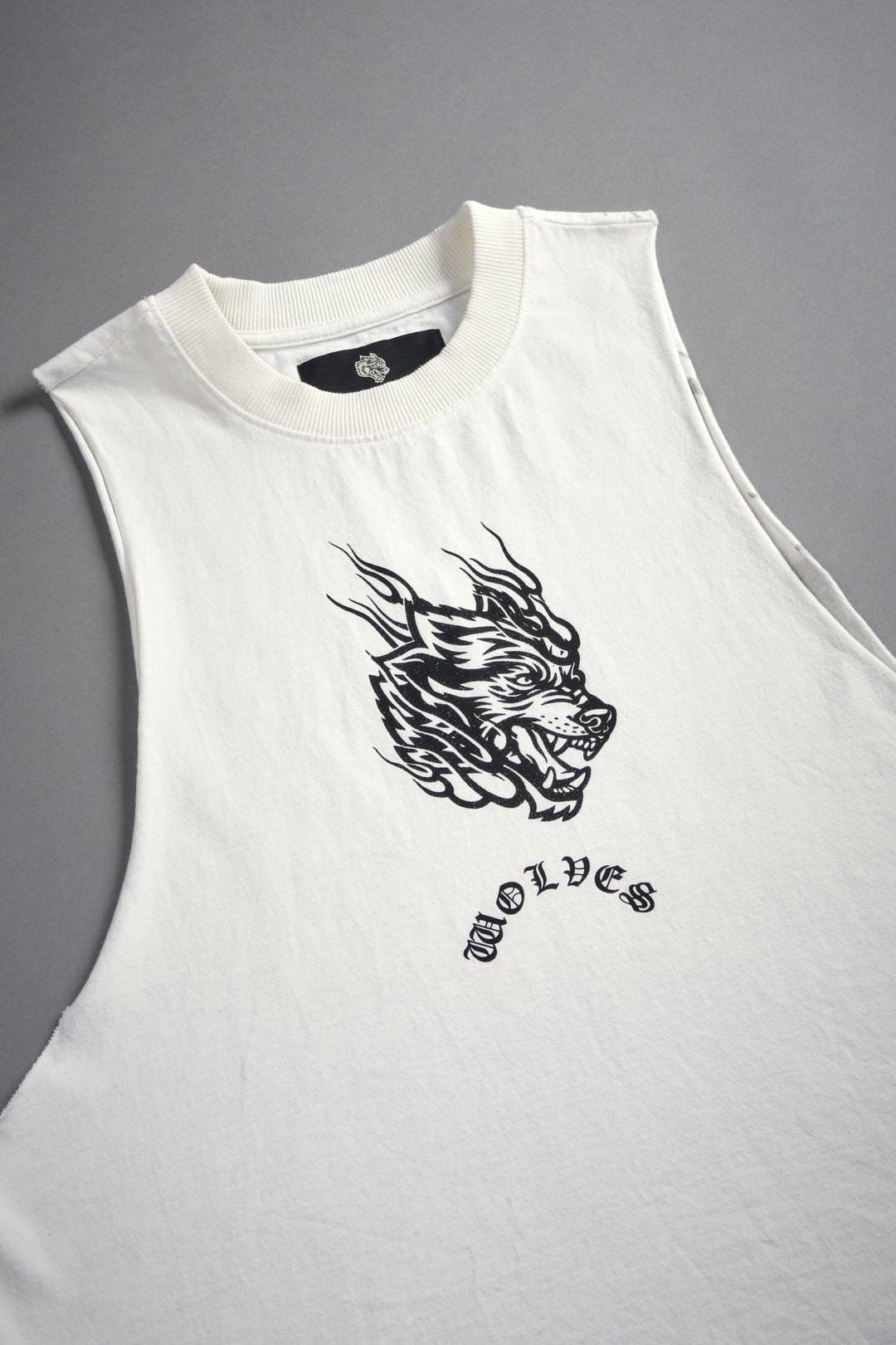 Okami Inferno Grunge Raw Hem Box Cut Tommy Muscle Tee in Cream
