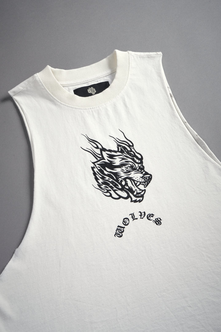 Okami Inferno Grunge Raw Hem Box Cut Tommy Muscle Tee in Cream