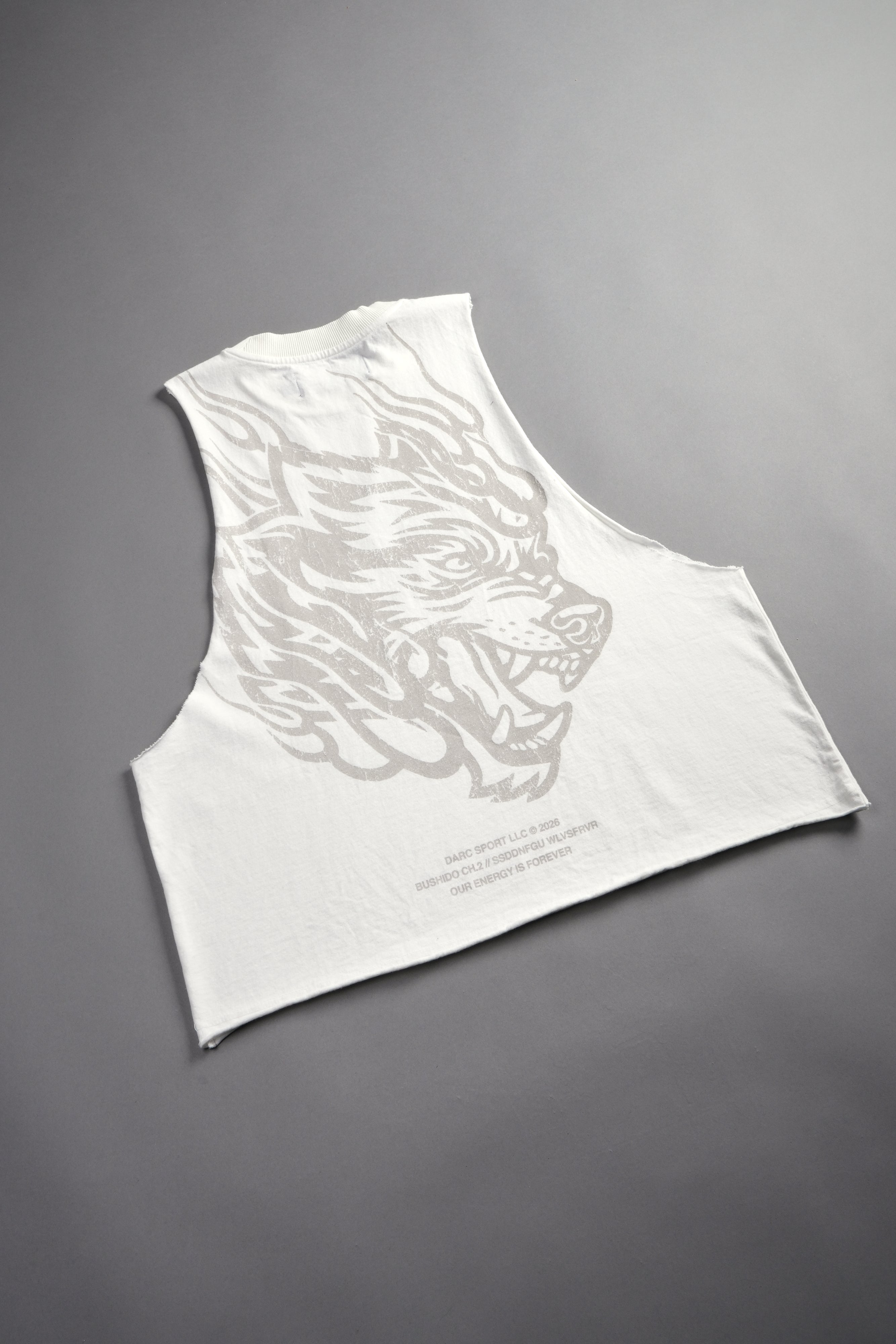 Okami Inferno Grunge Raw Hem Box Cut Tommy Muscle Tee in Cream