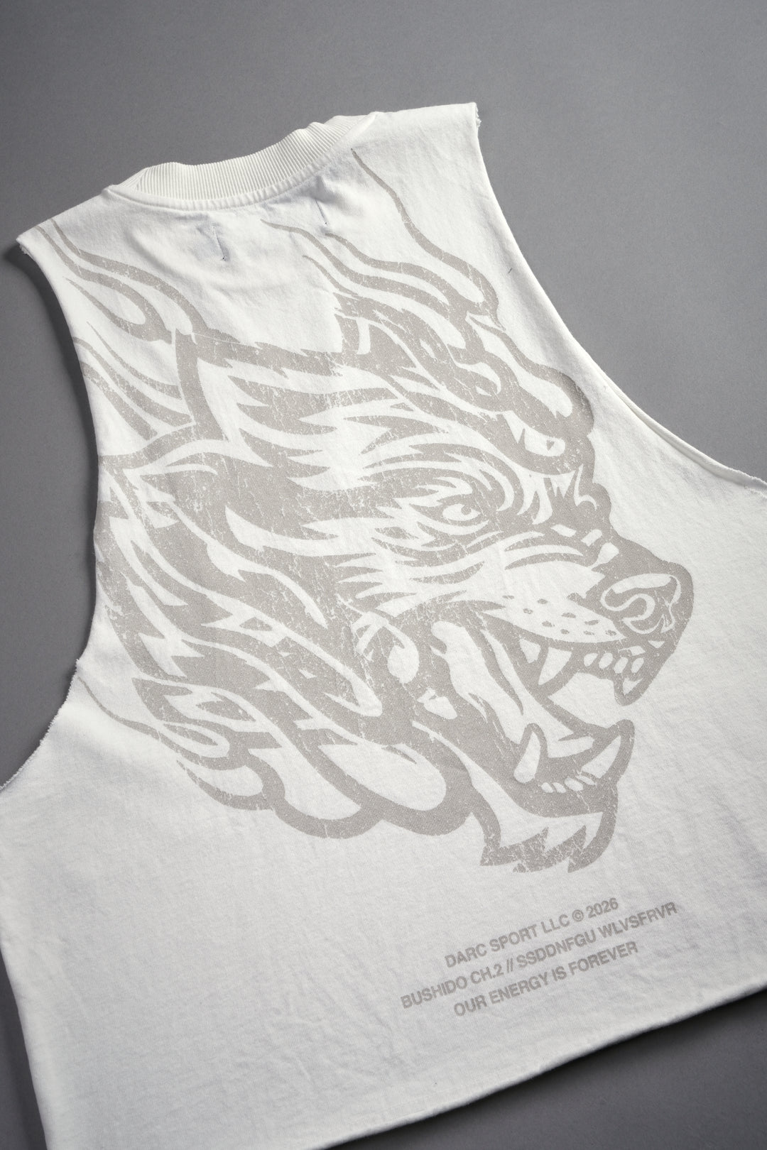 Okami Inferno Grunge Raw Hem Box Cut Tommy Muscle Tee in Cream