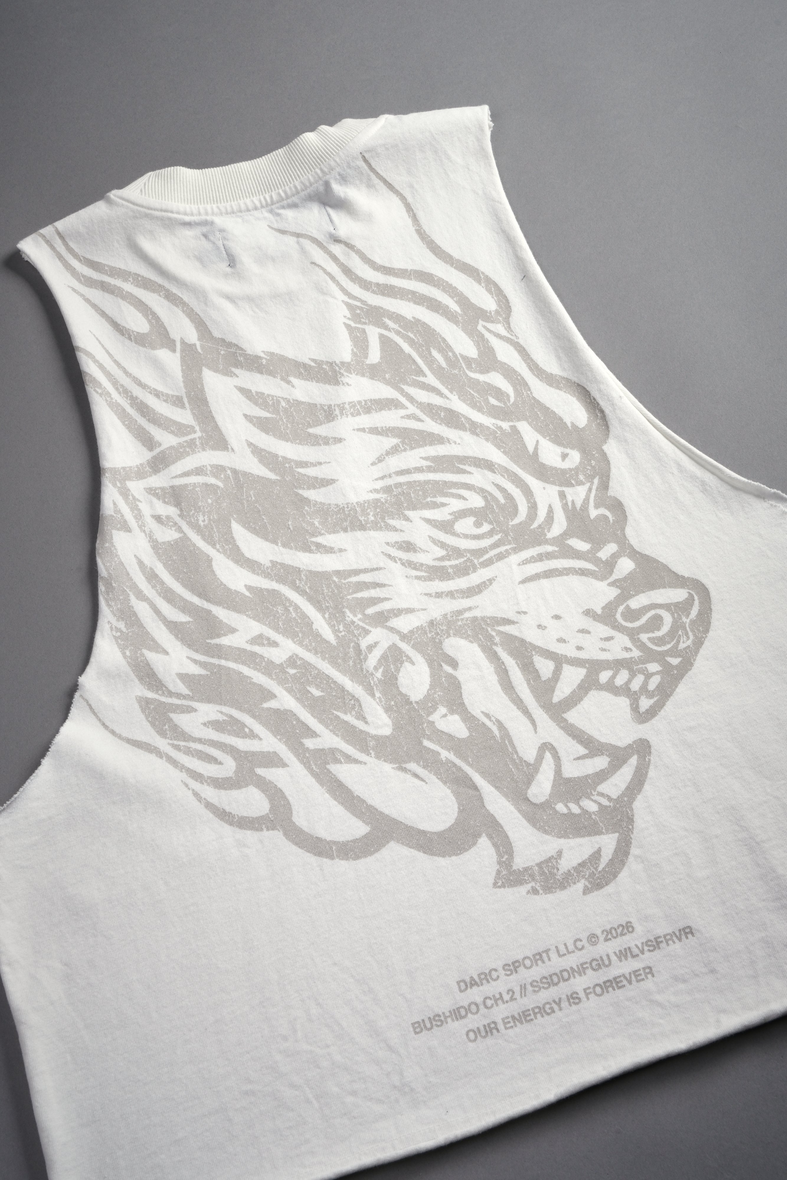 Okami Inferno Grunge Raw Hem Box Cut Tommy Muscle Tee in Cream