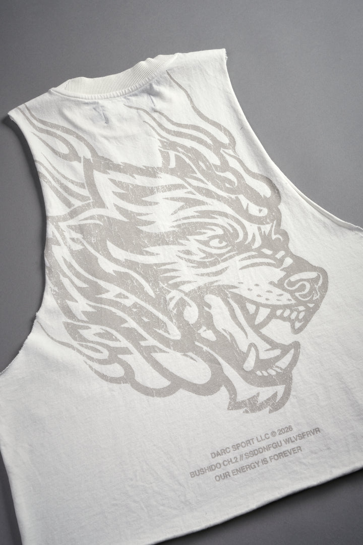 Okami Inferno Grunge Raw Hem Box Cut Tommy Muscle Tee in Cream