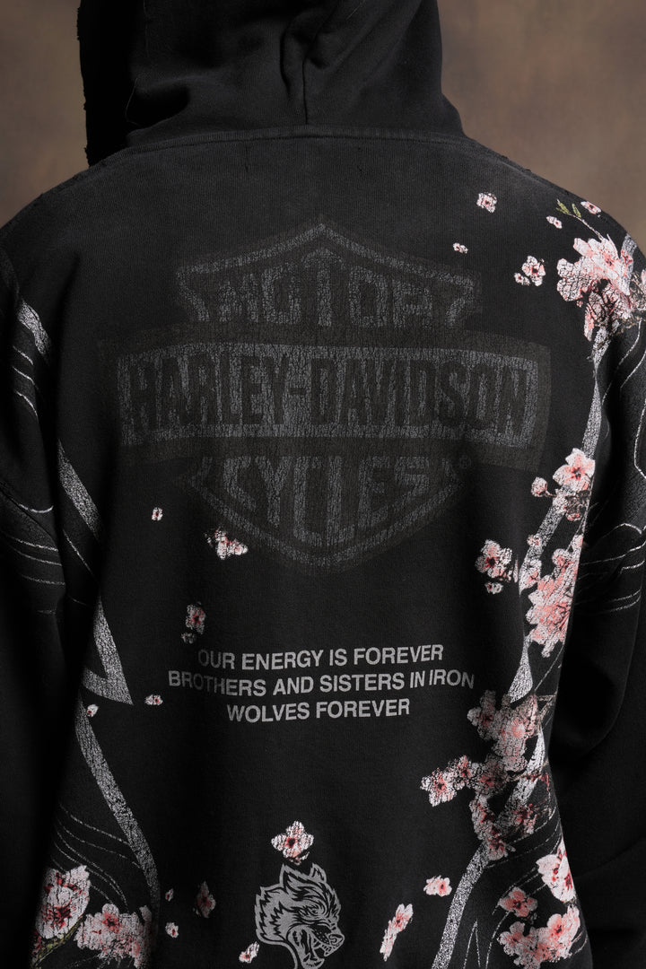 Iron Sakura Grunge Moatis Zip Hoodie in Black Drift Wash
