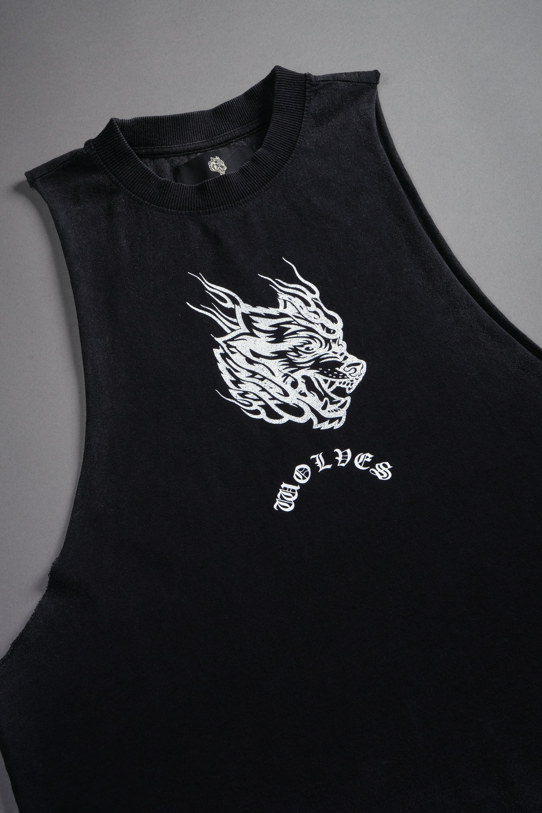 Okami Inferno Grunge Raw Hem Box Cut Tommy Muscle Tee in Black