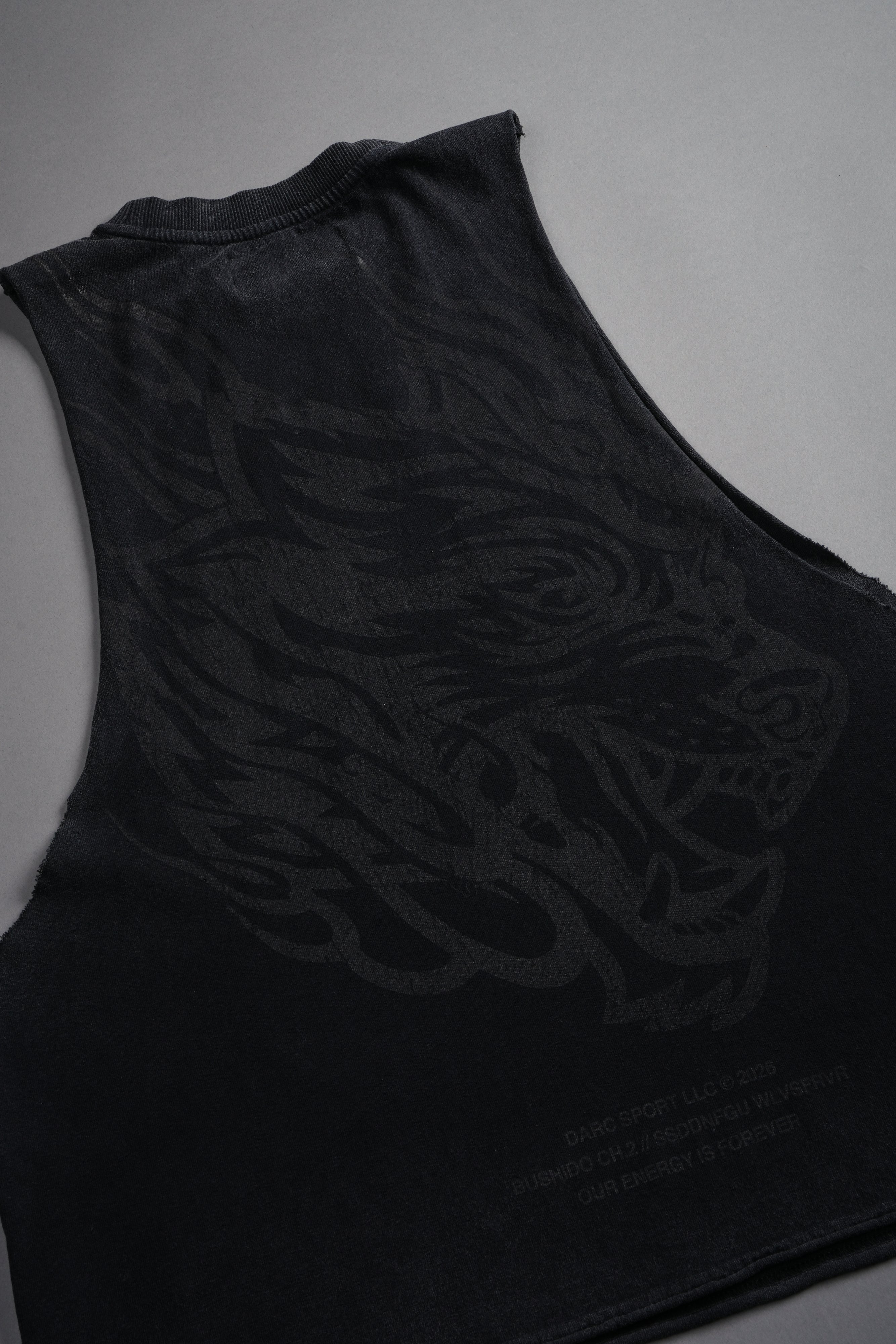 Okami Inferno Grunge Raw Hem Box Cut Tommy Muscle Tee in Black