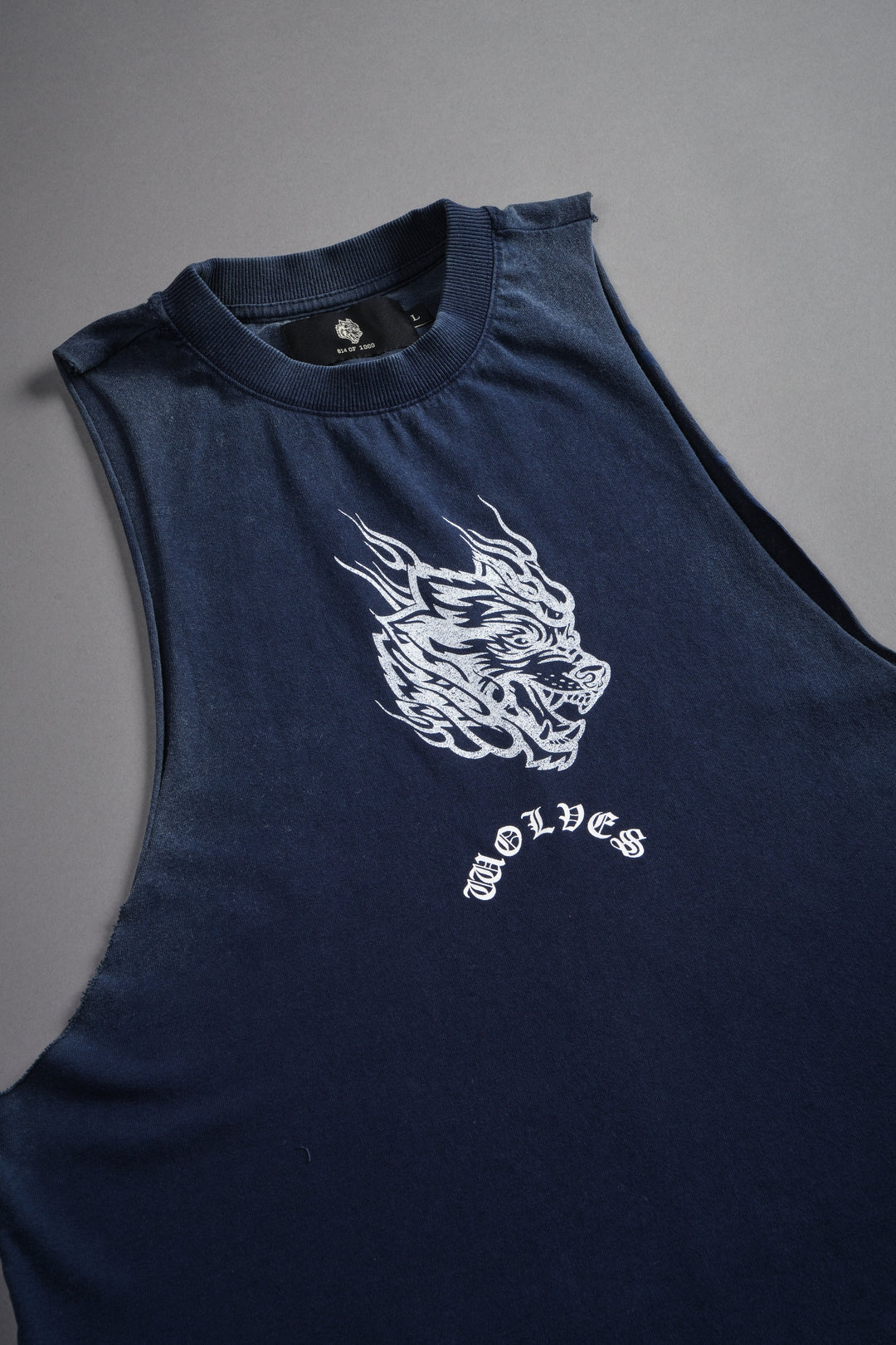 Okami Inferno Grunge Raw Hem Box Cut Tommy Muscle Tee in Navy