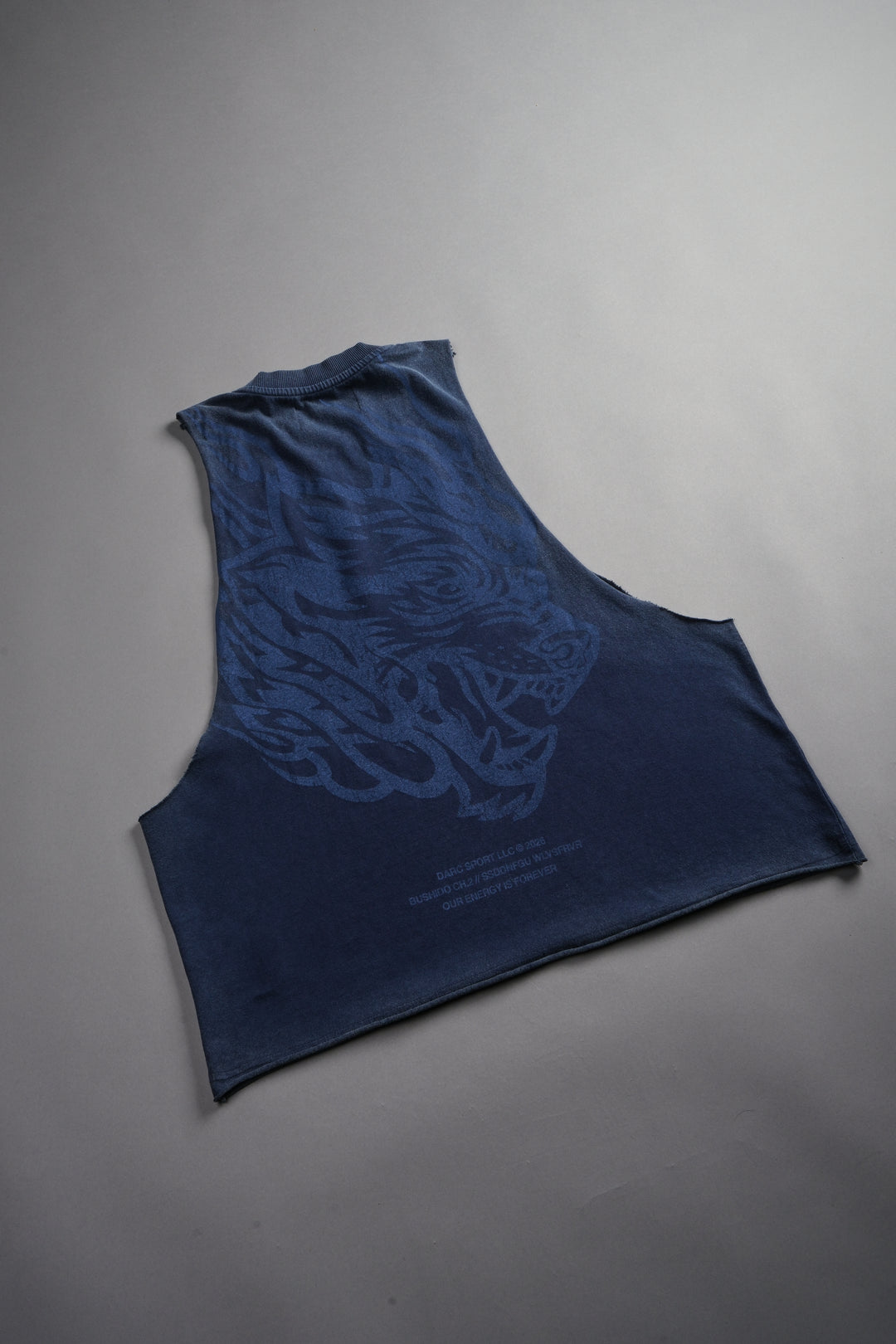 Okami Inferno Grunge Raw Hem Box Cut Tommy Muscle Tee in Navy