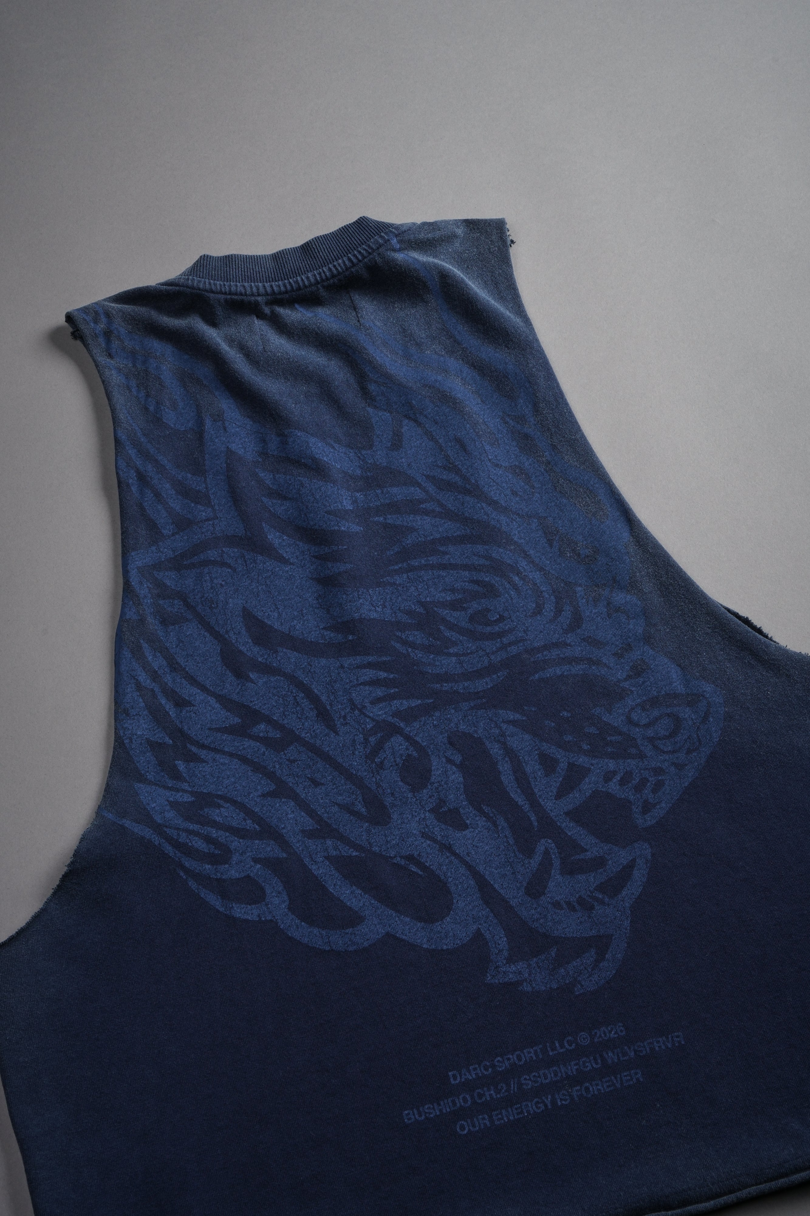 Okami Inferno Grunge Raw Hem Box Cut Tommy Muscle Tee in Navy