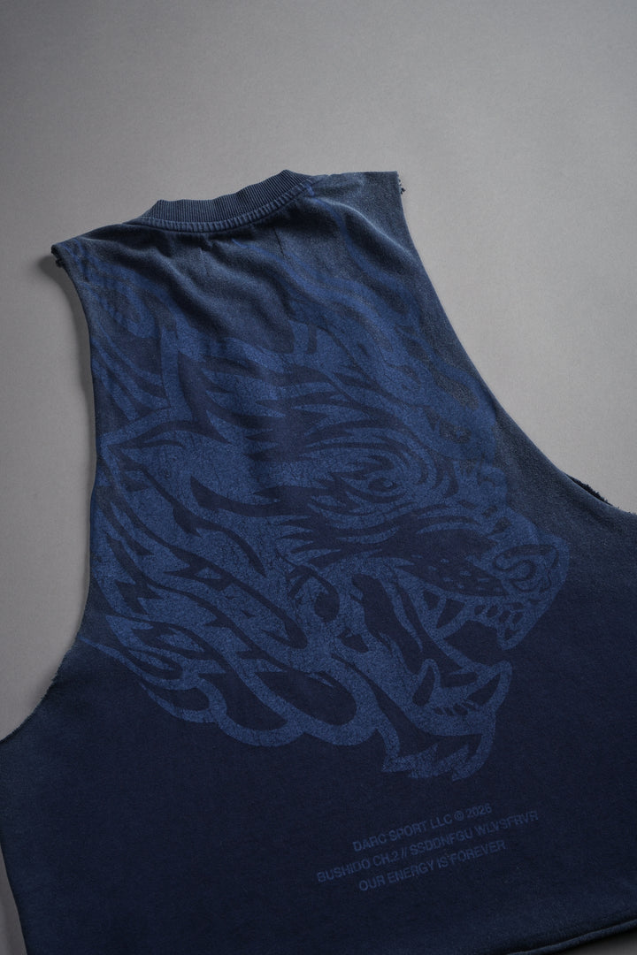 Okami Inferno Grunge Raw Hem Box Cut Tommy Muscle Tee in Navy