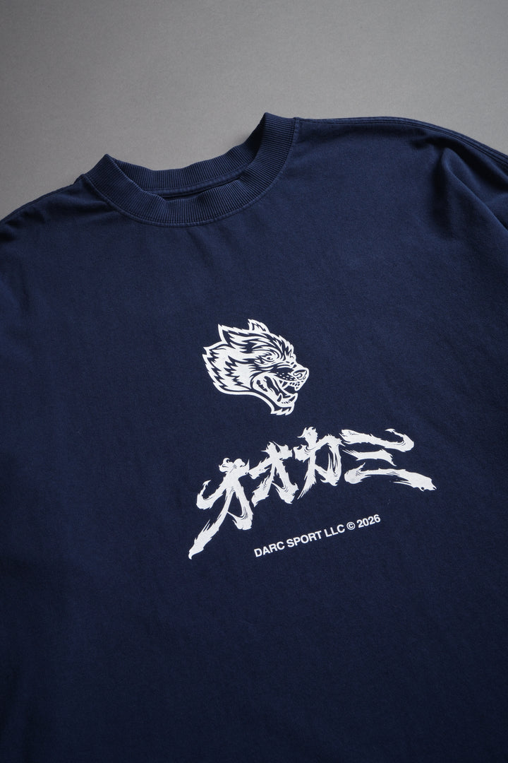 Okami Bushido Grunge Mid Length Raw Hem Ls Tee in Navy