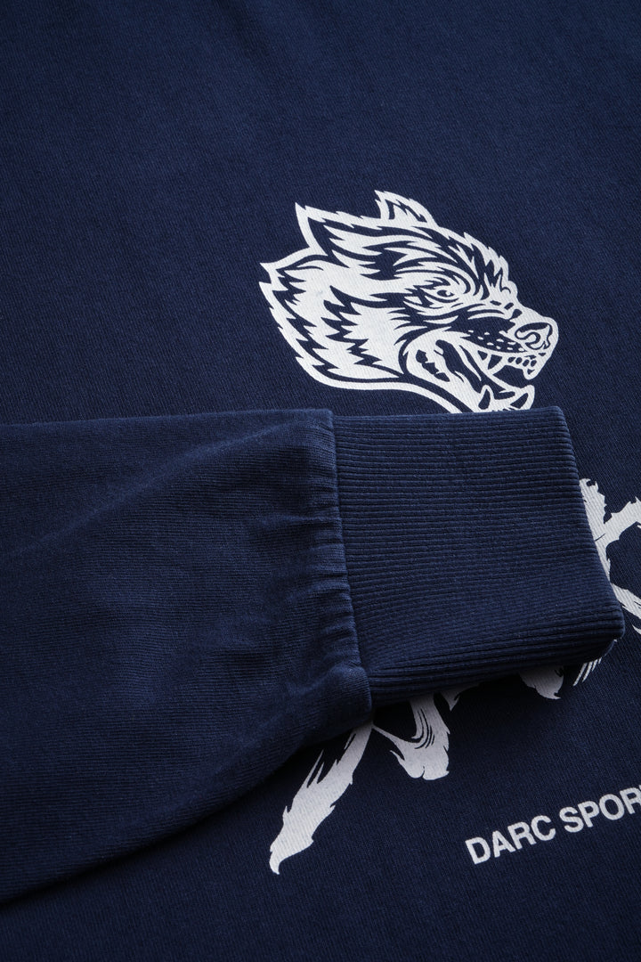 Okami Bushido Grunge Mid Length Raw Hem Ls Tee in Navy