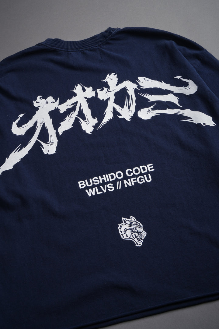 Okami Bushido Grunge Mid Length Raw Hem Ls Tee in Navy